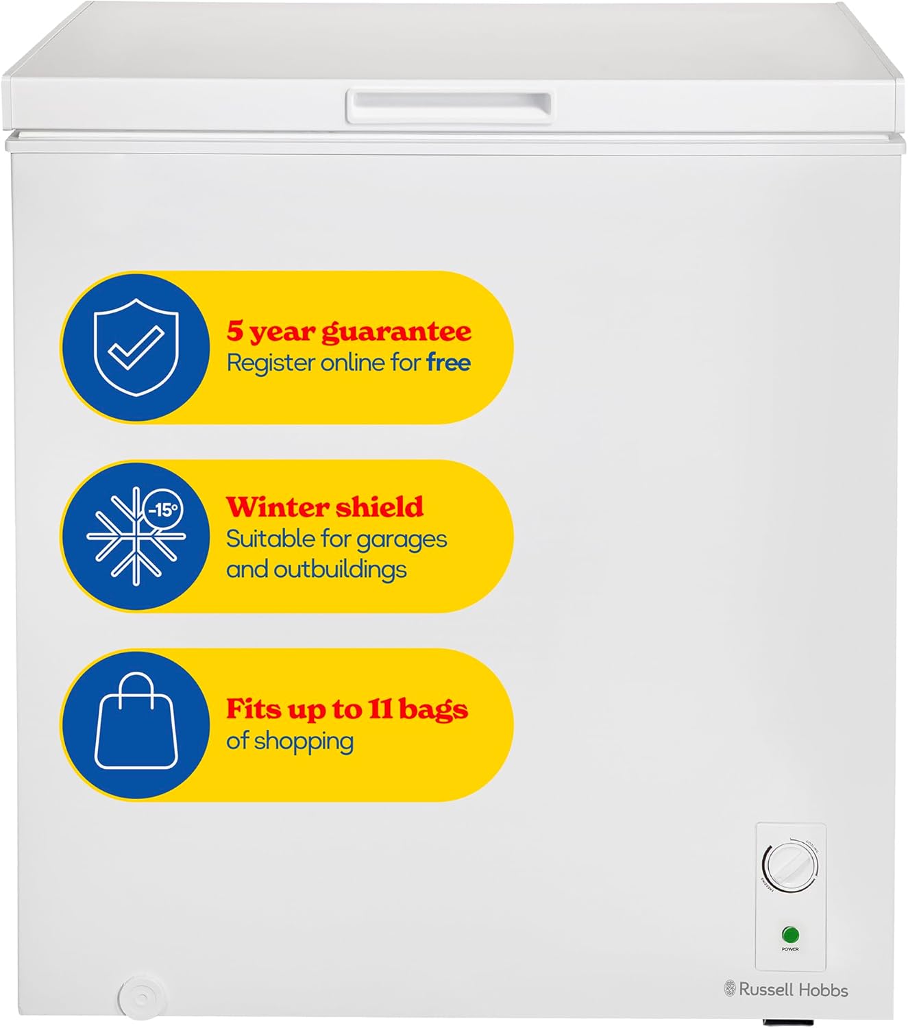 Russell Hobbs White Chest Freezer 198L Freestanding with 5 Year Warranty, Adjustable Thermostat, Chill or Freeze Function, 4 Star Freezer Rating & Suitable for Outbuildings & Garages RH198CF0E1W.