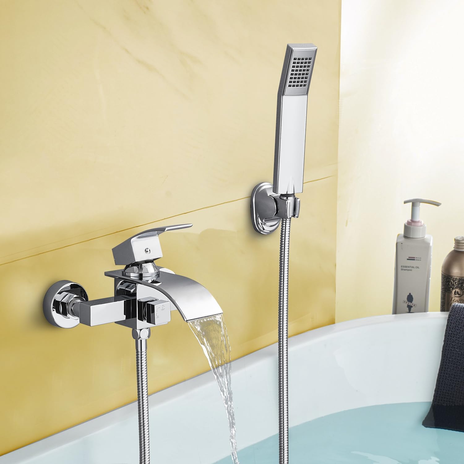 KINKIBOS Waterfall Bath Mixer Tap with Handheld Shower Head, Wall Mounted, Newly Upgraded Diverter, Bathroom Bath Shower Filler Tap, Single Lever Bath Shower Mixer, Solid Brass Chrome.