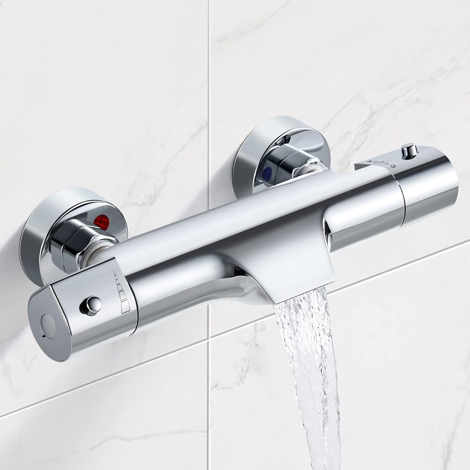 Solepearl Thermostatic Bath Shower Mixer Bar, Anti Scald 38℃ Thermostatic Bathtub Shower Mixer Valve with Waterfall Bath Filler Spout, Wall Mounted 150mm, Exposed Brass Thermostatic Shower Tap.