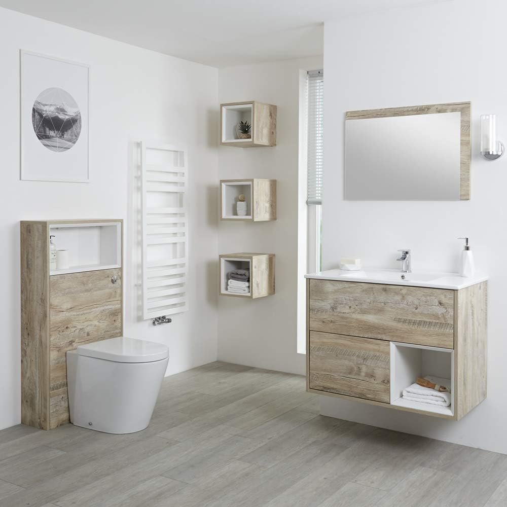 Milano Bexley - Light Oak 810mm Bathroom Vanity Unit with Basin, Toilet WC Unit, Back to Wall Pan and LED Lights.