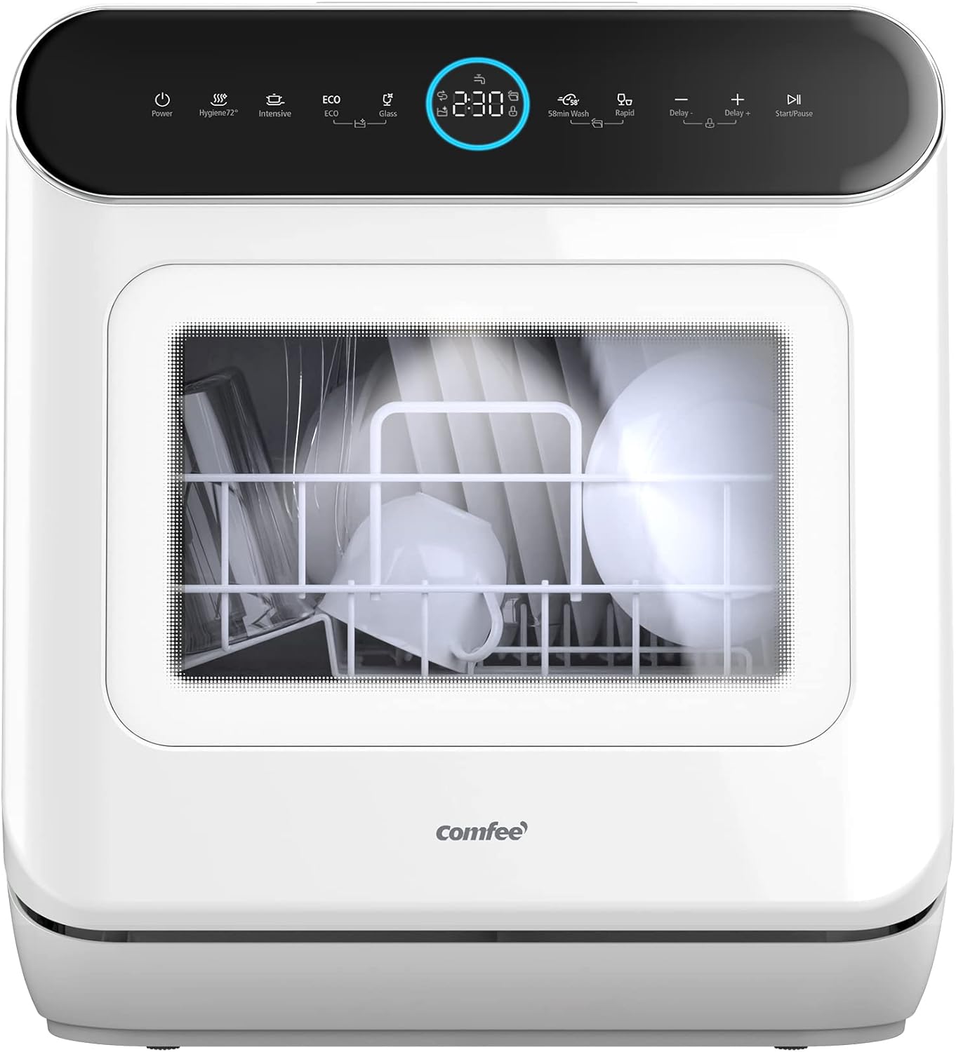 COMFEE' Freestanding Dishwasher FD1435E-X with 14 place settings, Full Size, Whisper Quiet 44dB, Wide LED Display, Delay Start, Half Load Function, Flexible Racks, Stainless Steel.