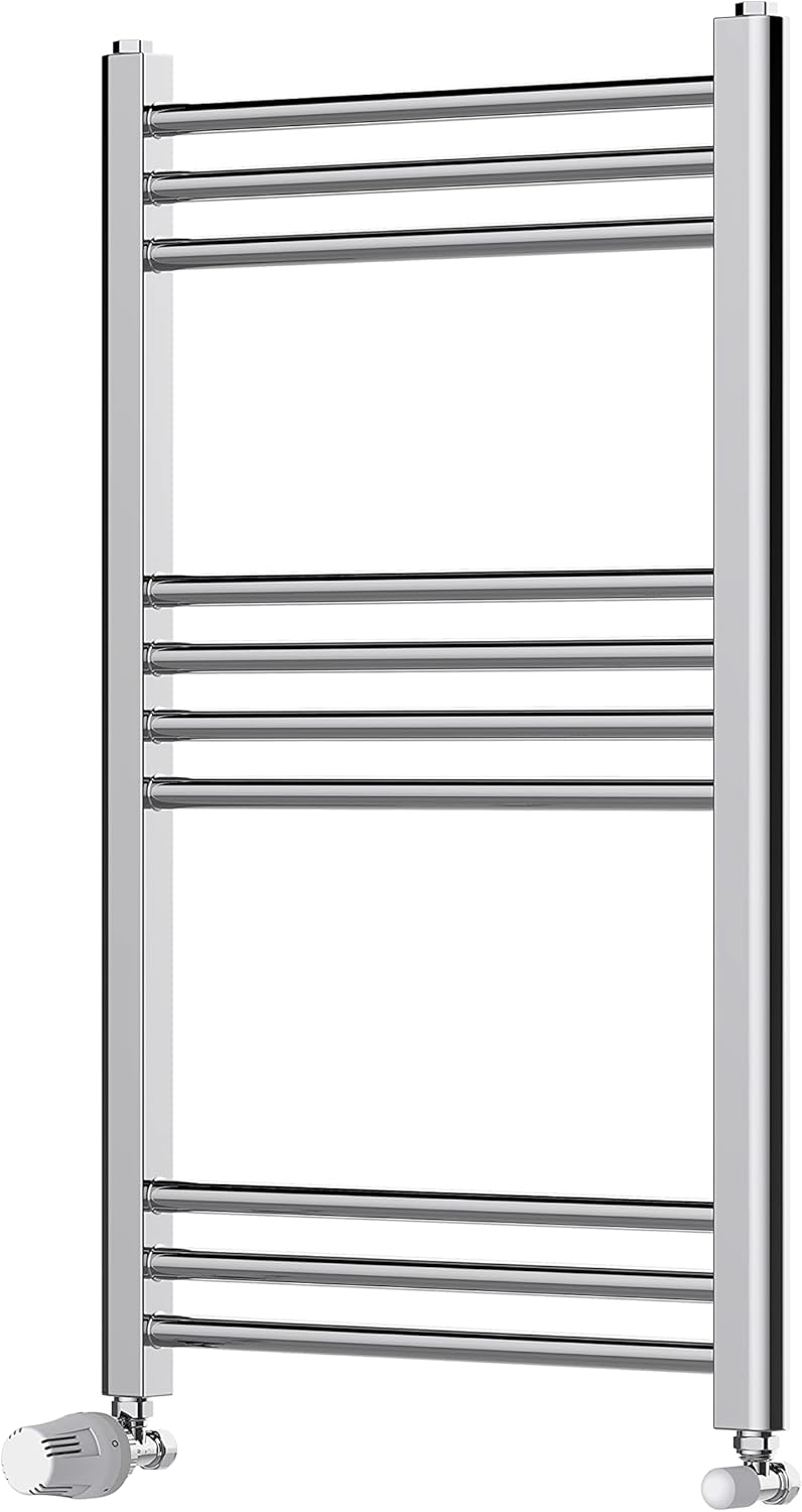 BPIL Heated Towel Rail Chrome Bathroom Ladder Radiator - Straight Heated Towel Rail Chrome Bathroom Ladder Radiator Including Thermostat Radiator Valve Straight, (1000500).