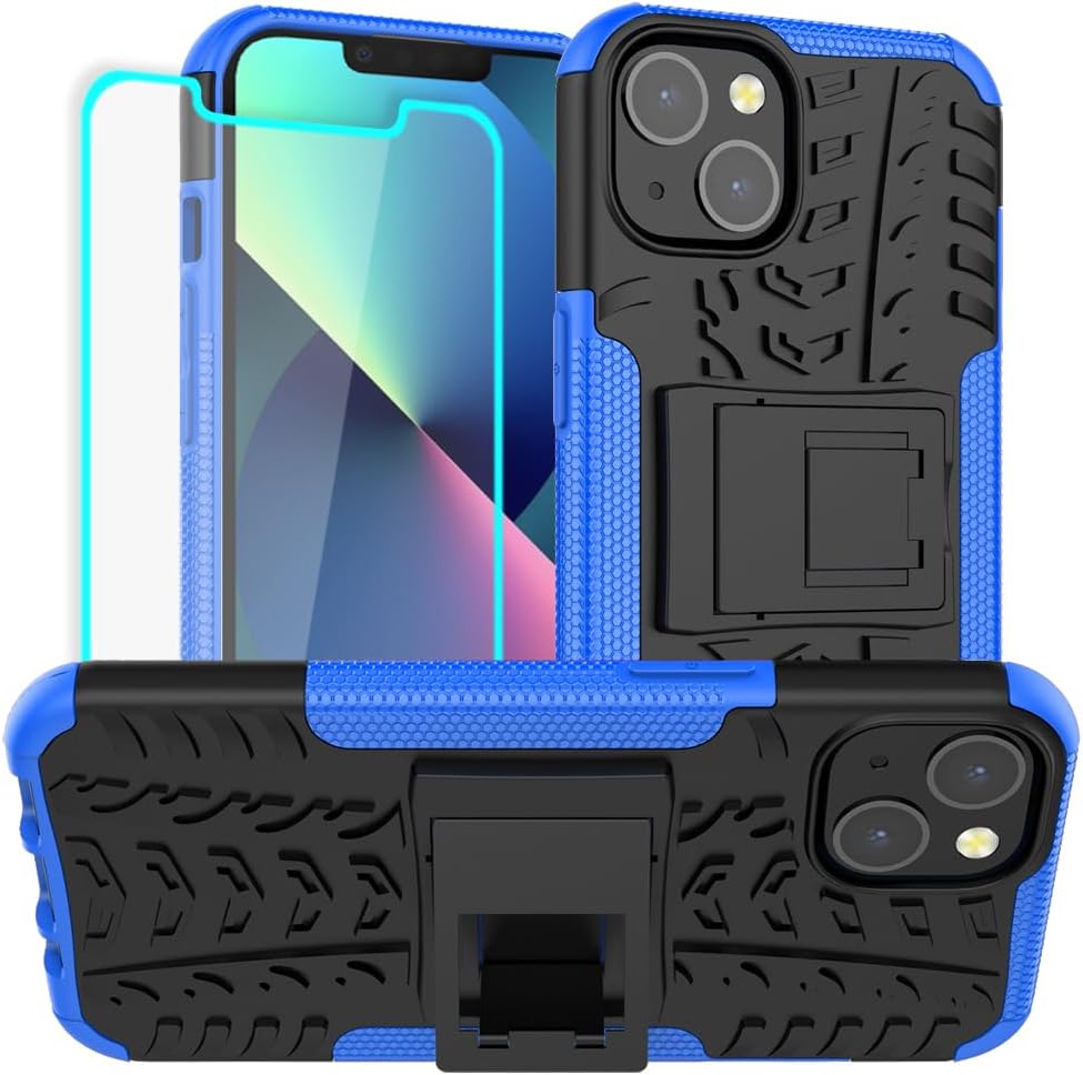 Yiakeng for iPhone 13 Case, iPhone 13 Phone Case with Screen Protector, Shockproof Silicone Protective with Kickstand for iPhone 13 (Blue).