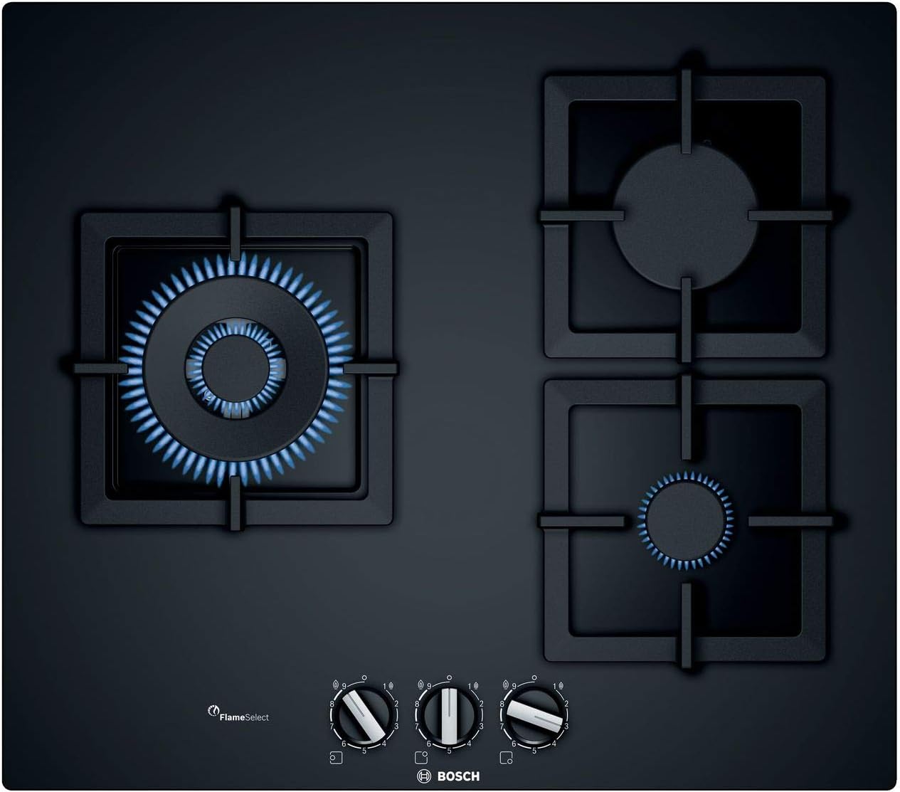 Bosch PPC6A6B20 Black Built-In Gas Hobs – Plate (Black, Built-In, Gas Hob, Glass, 1000 W, Round).