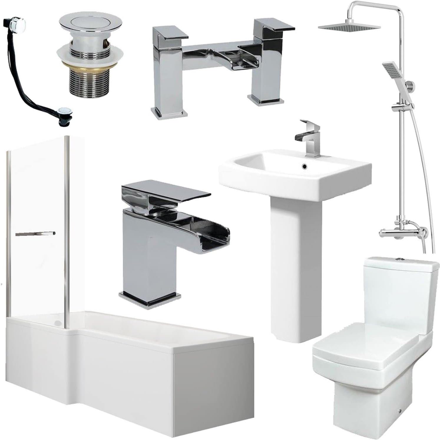 Affine Bathroom Suite L Shape LH Bath Screen & Rail Basin Pedestal WC Shower Tap Set.