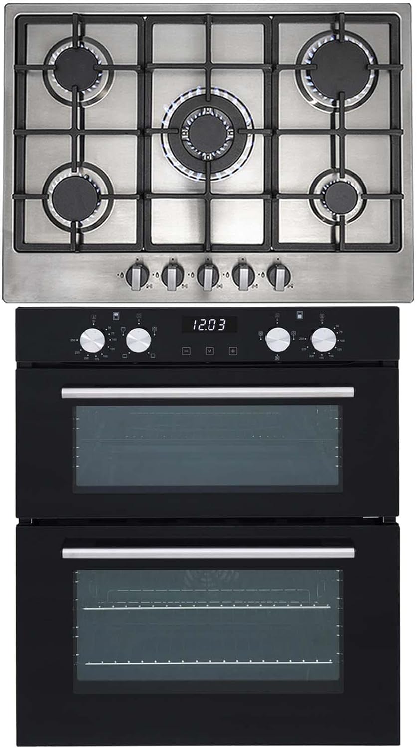 SIA 60cm Black Built Under Double Oven And 70cm Stainless Steel 5 Burner Gas Hob.