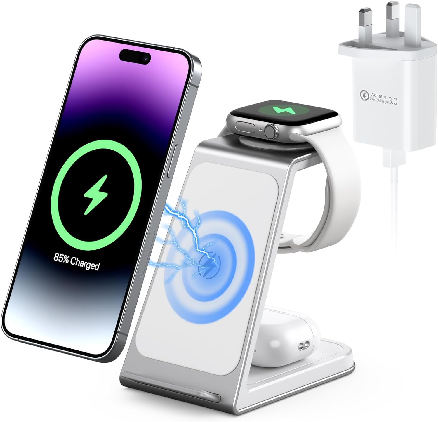 3 in 1 Wireless Charging Station,Aluminum Alloy Wireless Charger for Apple Devices,15W Fast Wireless Charging Stand for iPhone 15/14/13/12/11/8,Phone and Watch Charger Stand for Apple Watch,Airpods.