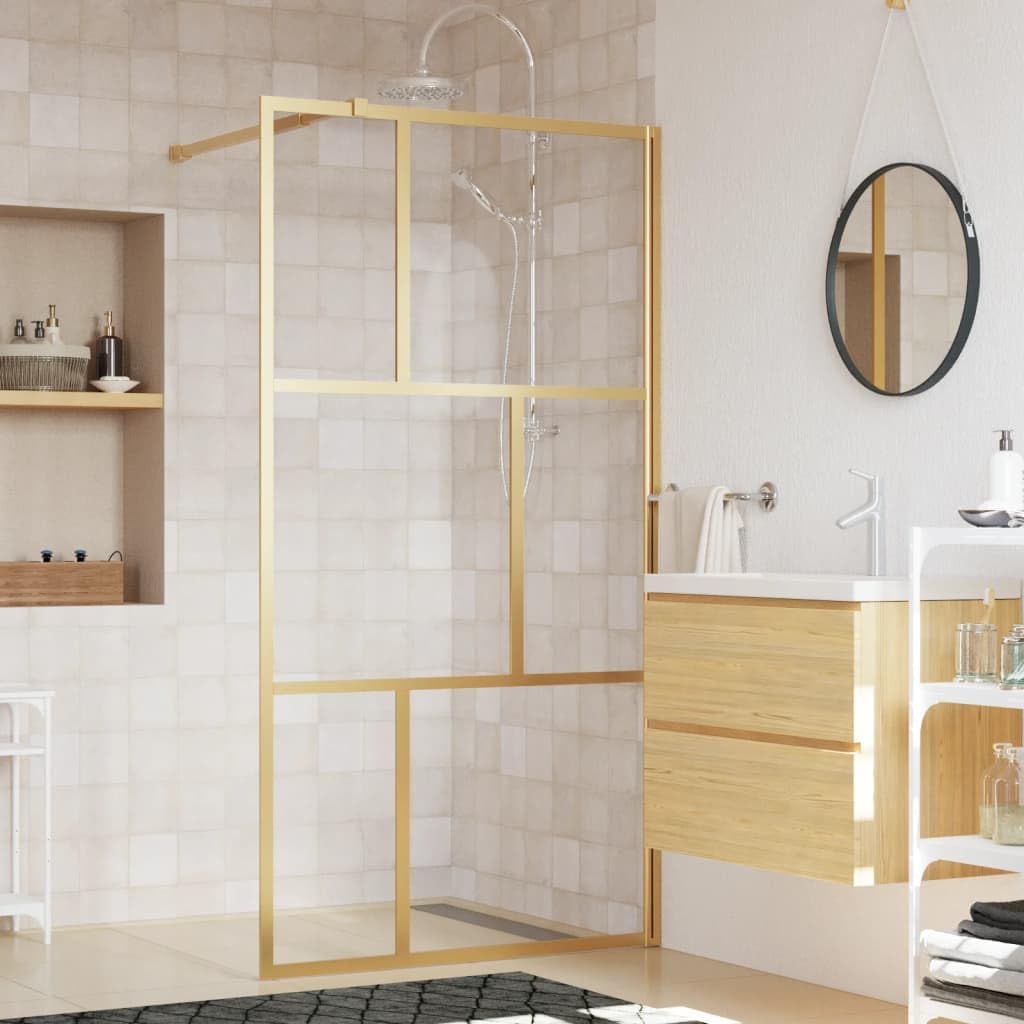 BaraSh Over Bath Shower Screen Door Framed Toughened Safety Clear Glass Panel Bathroom Bath Screens,Walk-in Shower Wall with Clear ESG Glass Gold 115x195 cm.