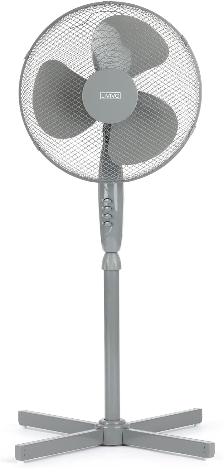 LIVIVO Electric 16” Pedestal Fan – Powerful Free Standing Oscillating and Tilting 50W Height Adjustable Rotating Stand Tower Fan Mesh Safety Grill (Grey).