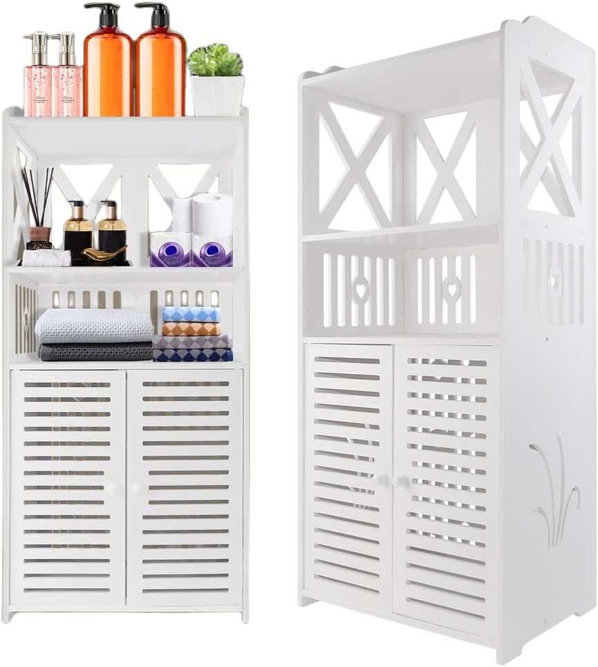 Qimu Bathroom Floor Cabinet,Waterproof FreeStanding Bathroom Storage Unit with Daily Use Layer and Cupboard Double Door,Multi-purpose PVC Cabinet for Store Toilet Paper,Shampoo,White 40x 25x 90CM.