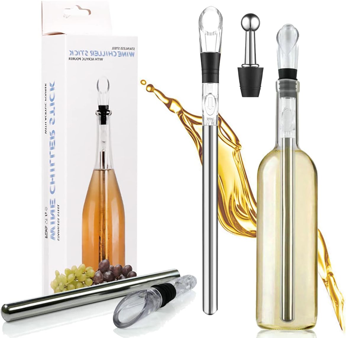 Stainless Steel Wine Cooling Stick, 3-in-1 Wine Cooler Set, Gift for Wine Lovers, Accessories Wine Lovers, Wine Cooler Set for White Wine & Red Wine.