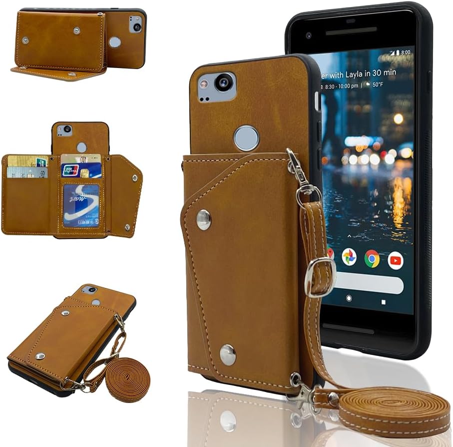 ELISORLI Phone Cover for Google Pixel 2 Wallet Case with Crossbody Shoulder Strap and Stand Leather Credit Card Holder Mobile Flip Purse Cell Accessories Pixel2 Pixle Two G011A Girls Women Men Brown