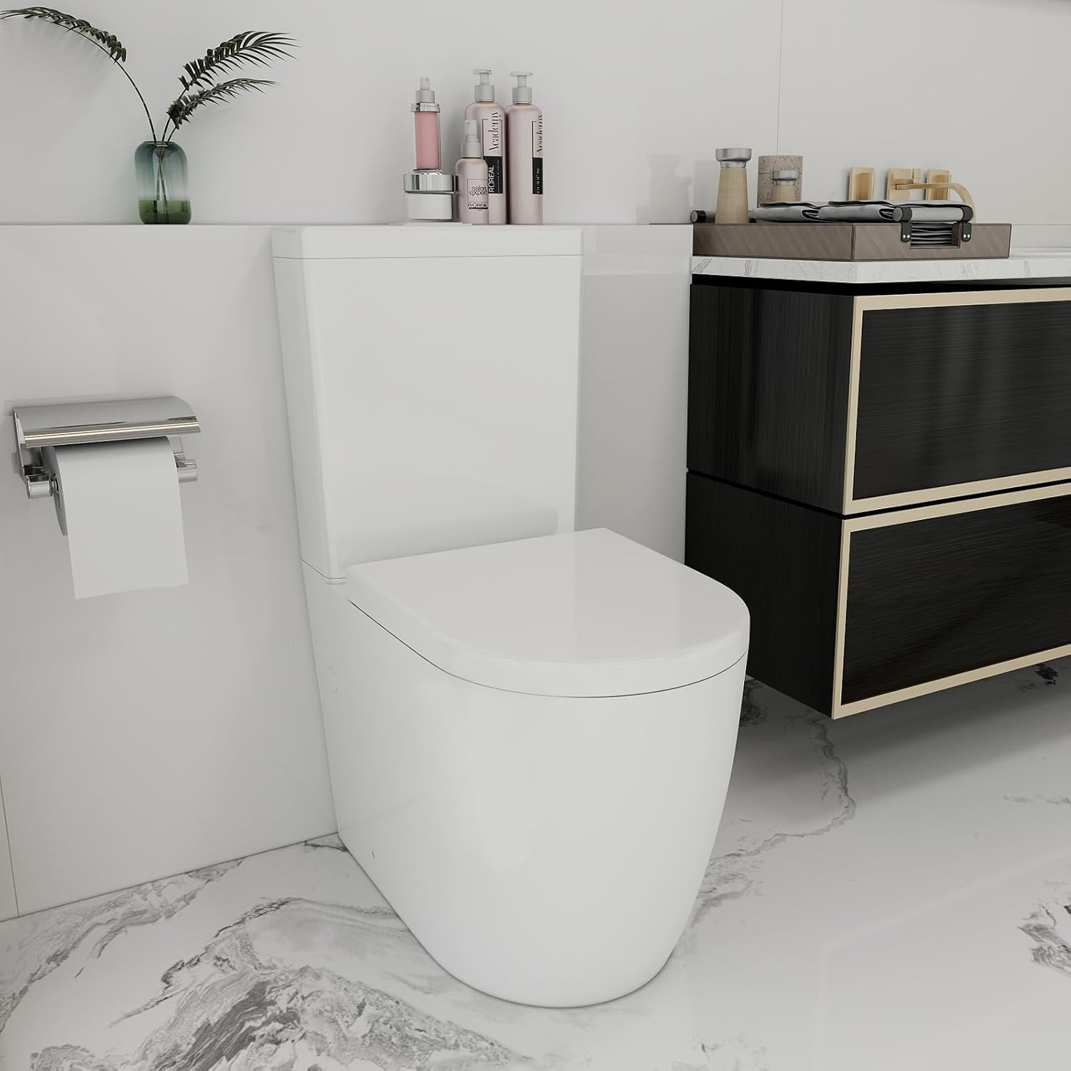 Robanmoa Swirling Flush Close Coupled Toilet, Back to Wall Bathroom Toilets White Ceramic WC Pan Soft Close Seat & Cistern Dual Flush Modern Comfort D Shape Projection Toilet.