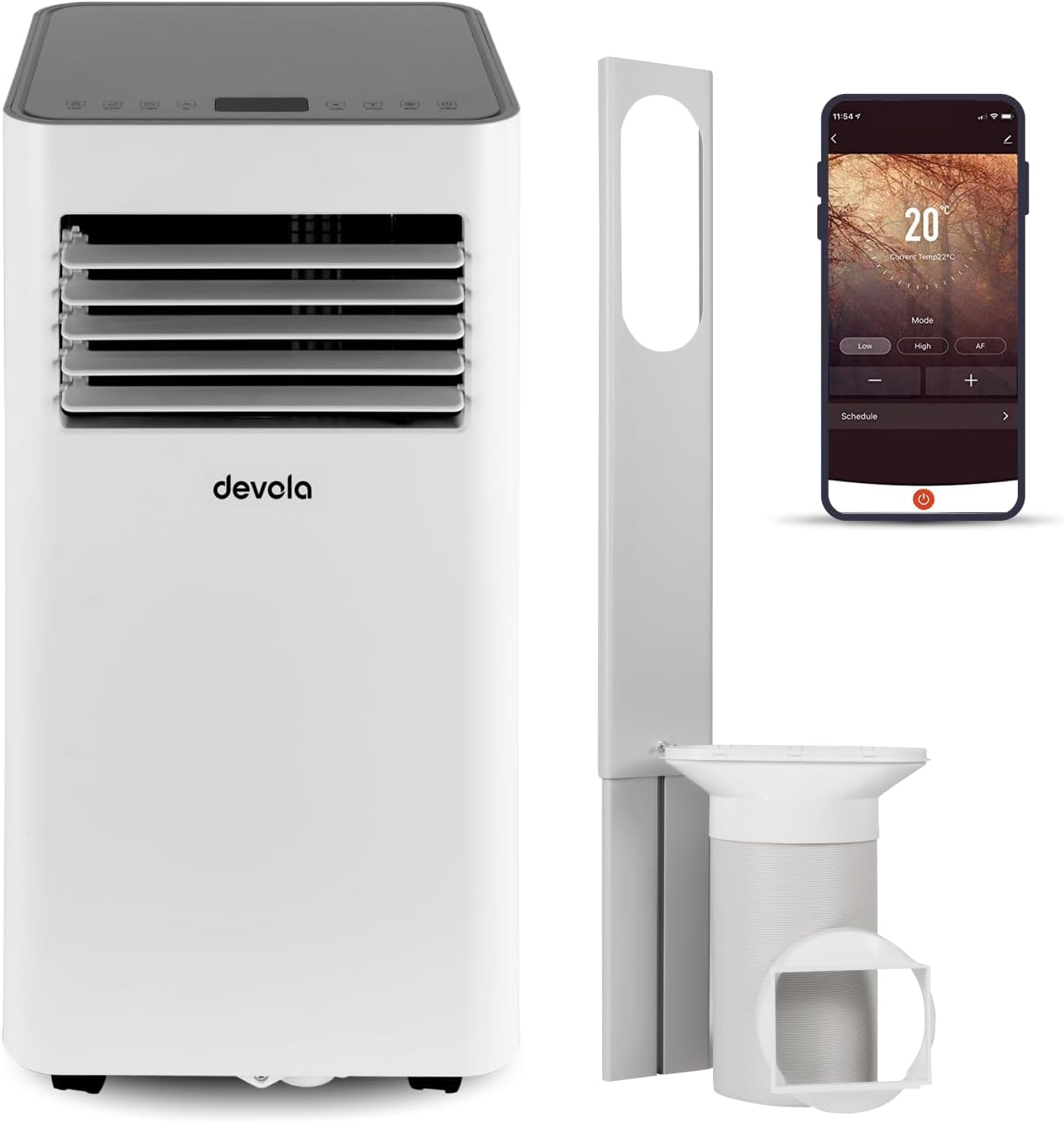 Devola 4-in-1 WiFi Air Conditioning Unit 10000 BTU, Portable Air Conditioner & 33L/day Dehumidifier With 2 Window Kits Included, Smart Air Con With Fan, Cooling, Timer & Dehumidifying Functions.