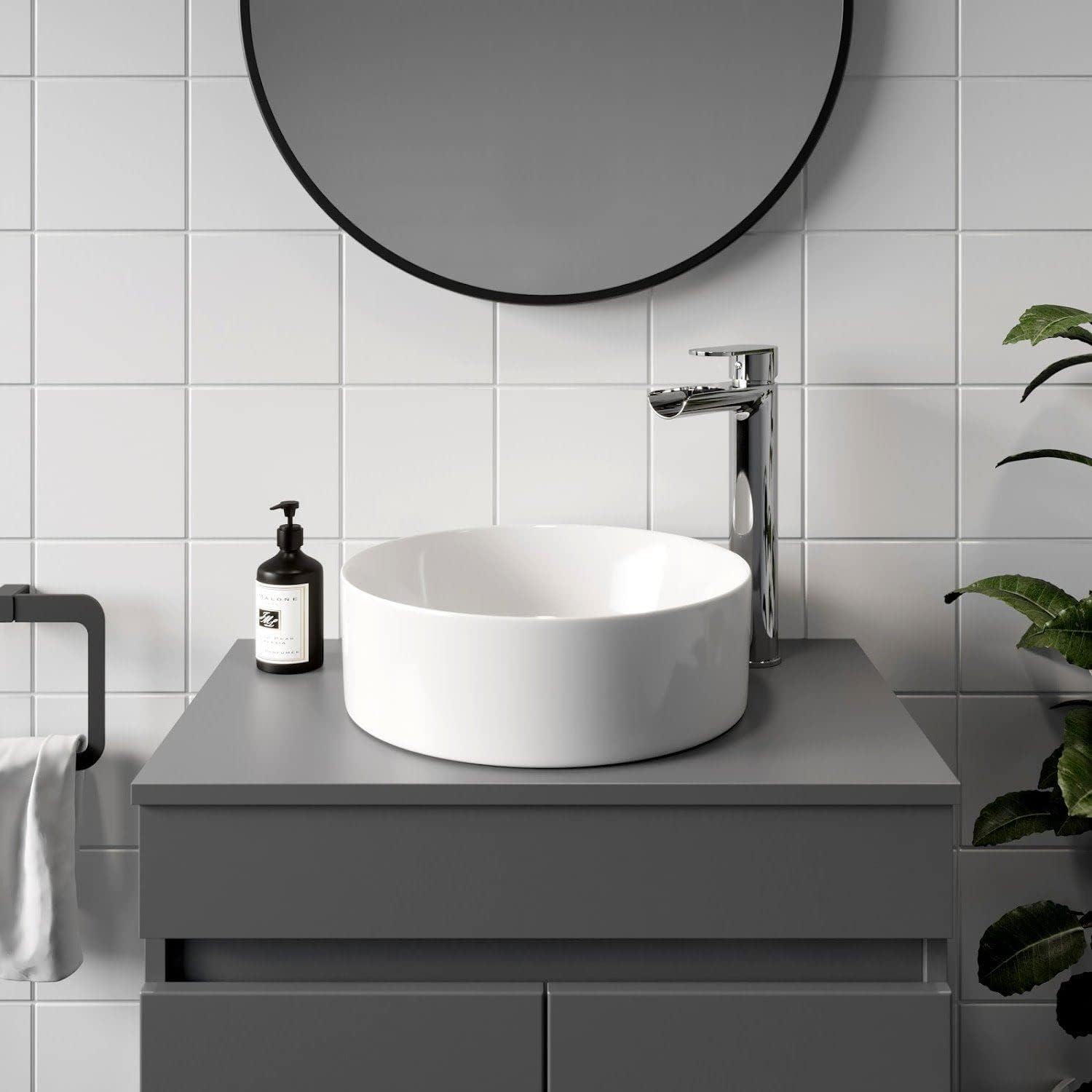 Affine® Countertop Basin for Bathroom and Cloakroom Hand Wash Basins Sink Modern White Gloss Round, 352 x 352mm.