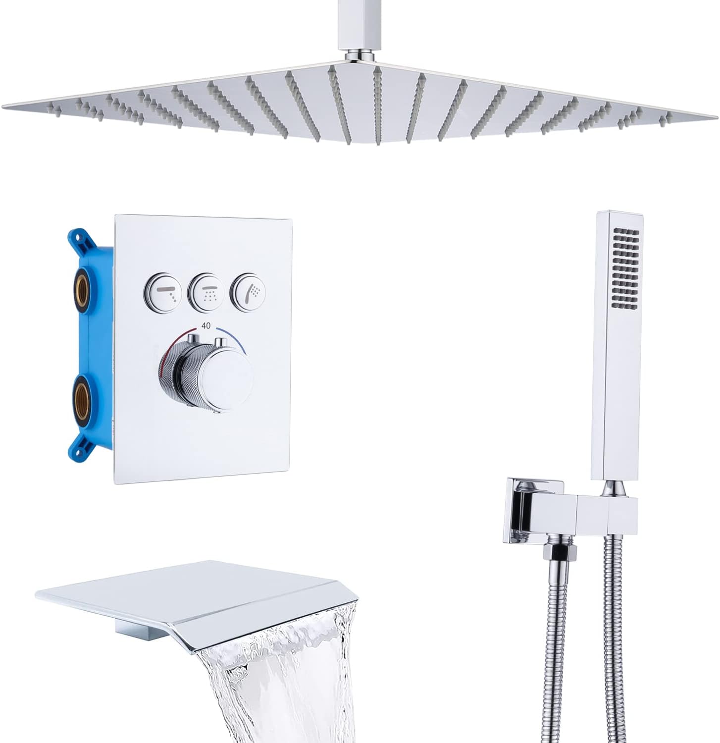 Delnet Thermostatic Shower Mixer Set, 16 Inch Ceiling Mounted Rainfall Shower Set, Concealed Rain Shower System, Can Use All Options at A Time, Chrome.