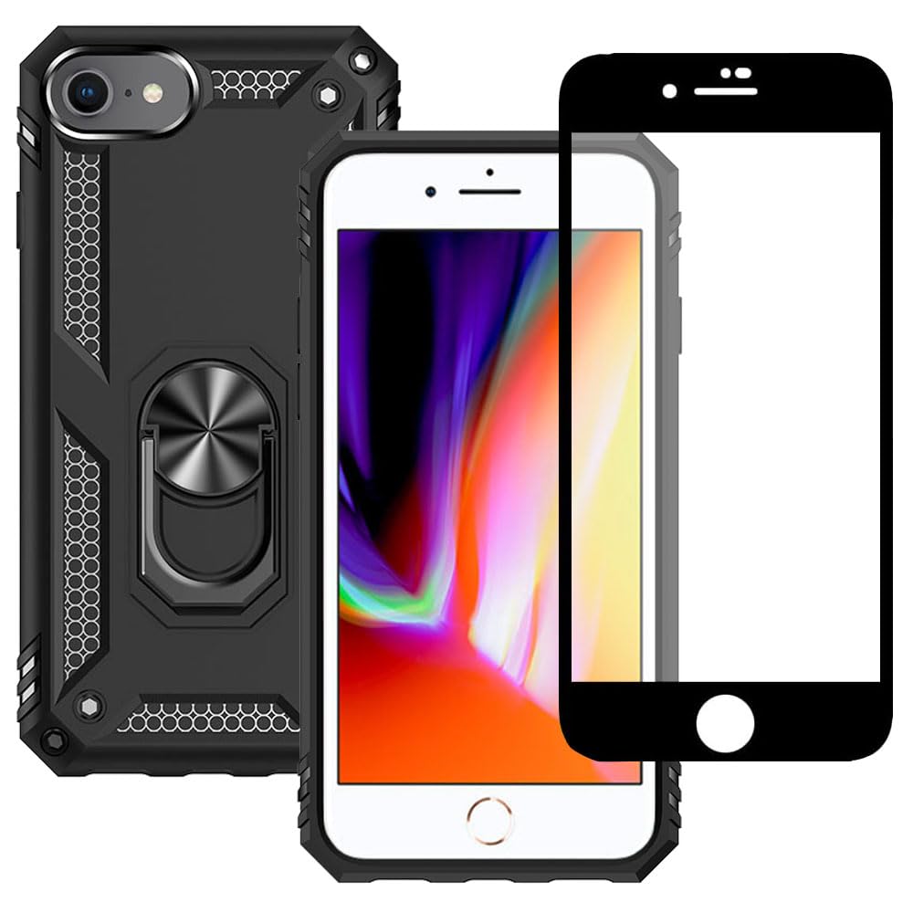 Yiakeng for iPhone 8 Case, iPhone 7 Case With Screen Protector, Silicone Shockproof Military Grade Protective Phone Cover for iPhone SE 2020 (Black).