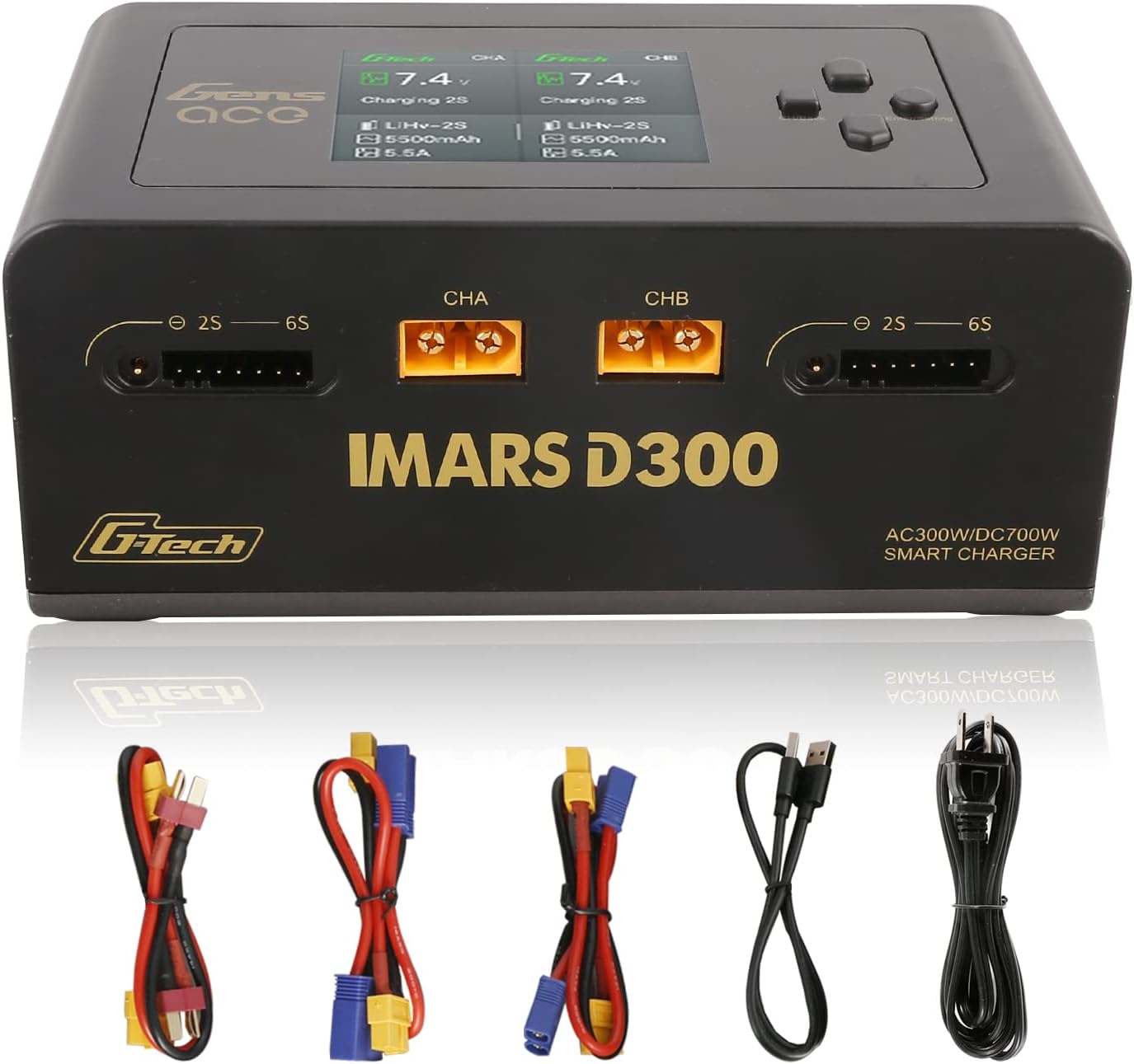 Gens Ace Lipo Battery Charger IMARS D300 G-Tech Series Smart Dual Lipo Charger 16A AC 300W DC 700W Lipo Charger（Black）.