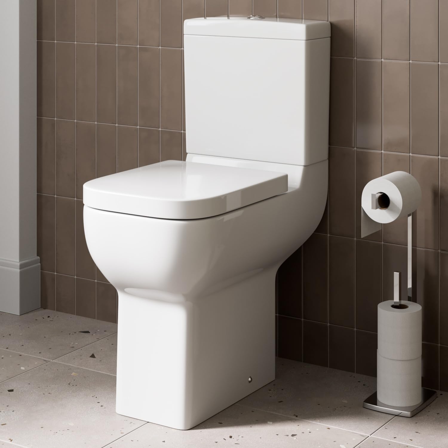 Affine® Comfort Height Close Coupled Bathroom Cloakroom Toilet Modern Ceramic Space Saving Short Projection Small WC Toilets, Square Pan System, Soft Close Seat, Dual Flush Cistern.