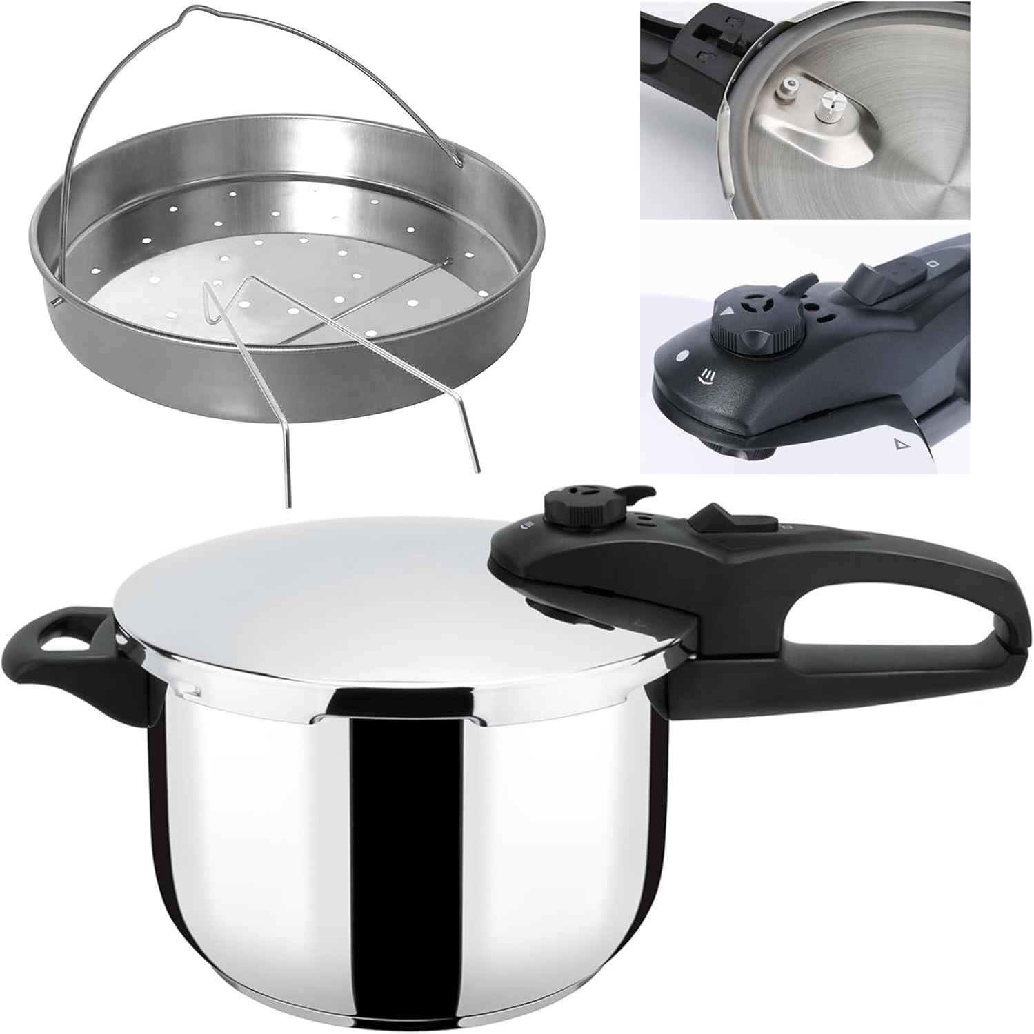 Gr8 Home 6 Litre Induction Pressure Cooker Stainless Steel Rice Cooking Casserole Stock Pot Kitchen Catering Cookware With Steamer Basket.