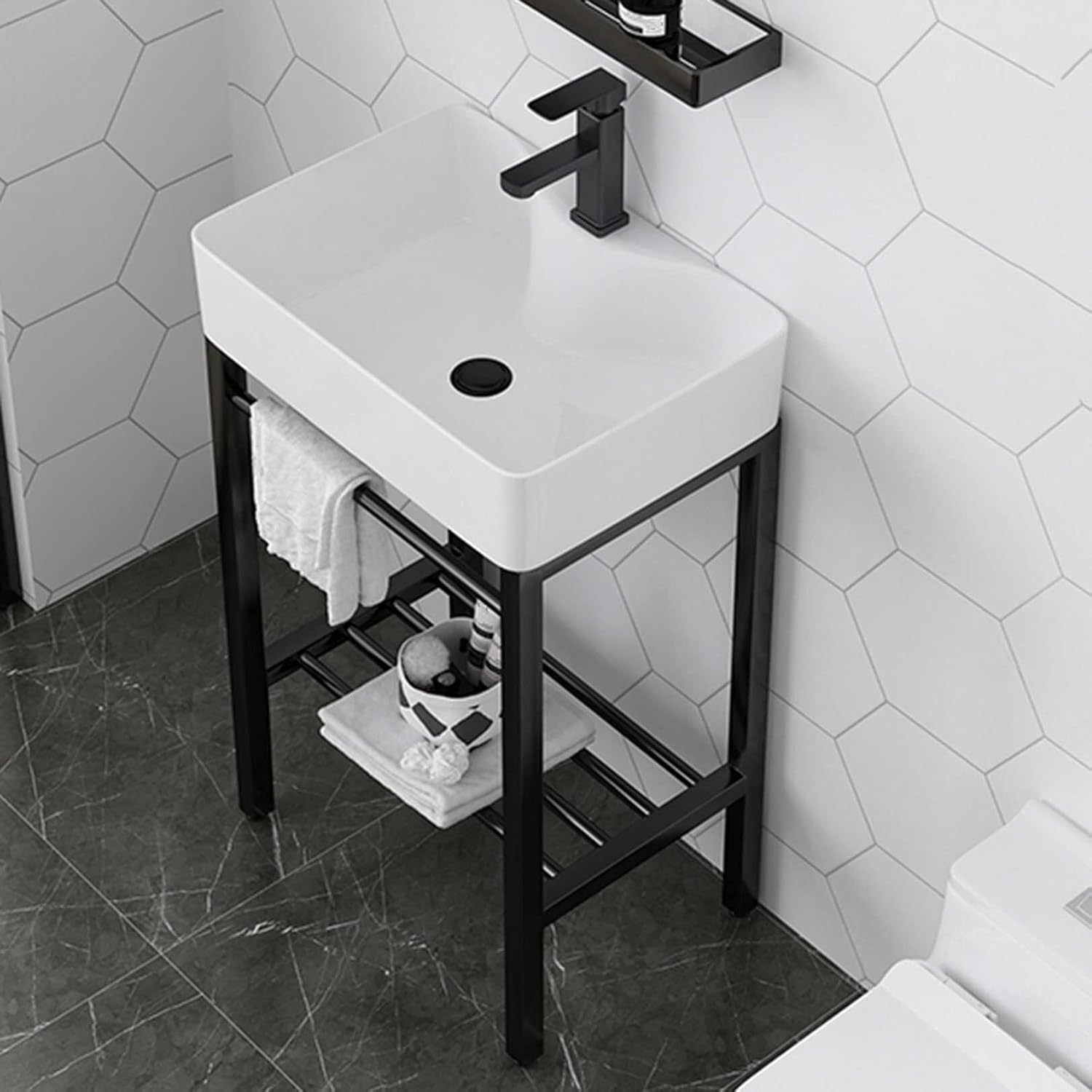 White Ceramic Console Pedestal Laundry Sink - Free Standing Wash Basin With Stainless Steel Metal Legs & Black Shelf - Porcelain Vessel + Stand + Vanity Sink(61x41cm/24x16in).