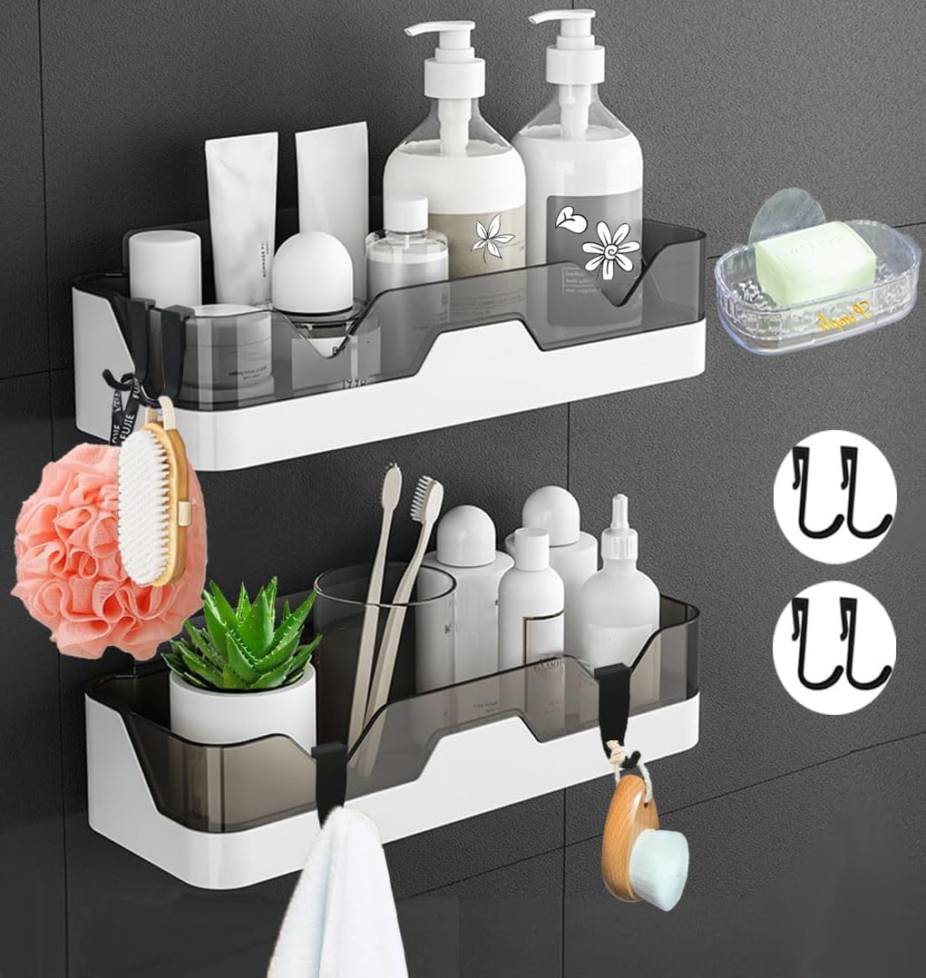 EigPluy Set of 2 Bathroom Shelves, No Drilling Shower Shelf, Wall Mounted Shower Baskets, Adhesive Shower Storage Rack for Bathroom/Kitchen (include 1 Soap Dishes and 4 Hooks).