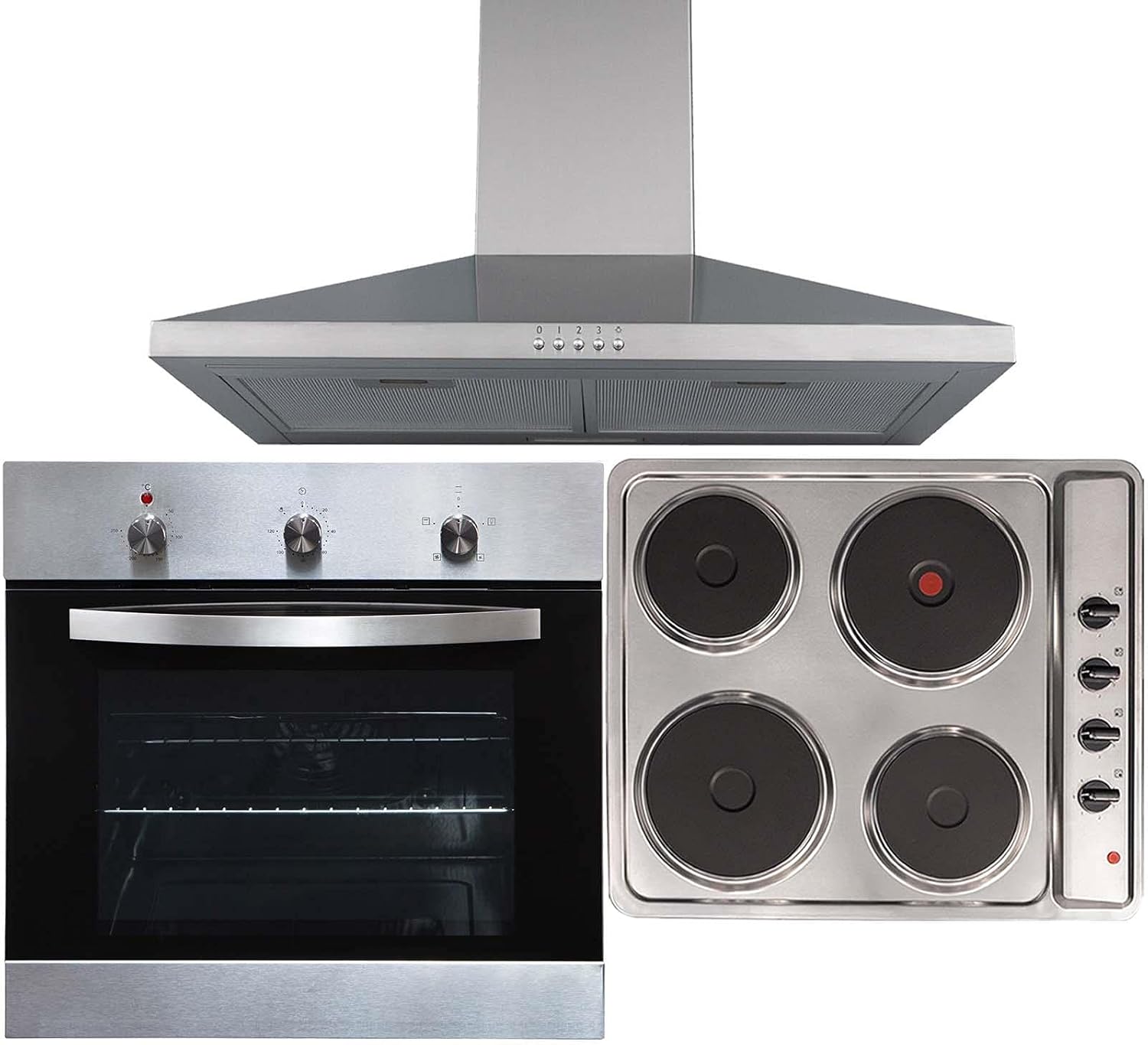 SIA SO113SS 60cm Stainless Steel Built-in/Under Single Electric Fan Oven, PHP601BL 60cm 4 Zone Solid Plate Side Control Hob & Chimney Cooker Hood.