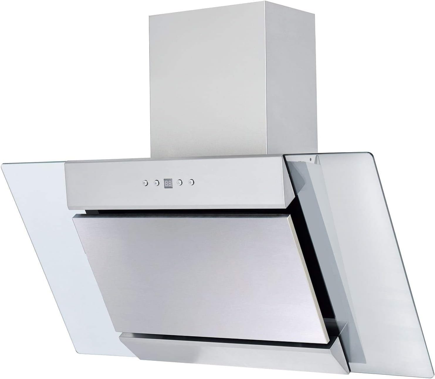 SIA AGL91SS 90cm Angled Stainless Steel And Glass Chimney Cooker Hood Kitchen Extractor Fan With LED Lights.