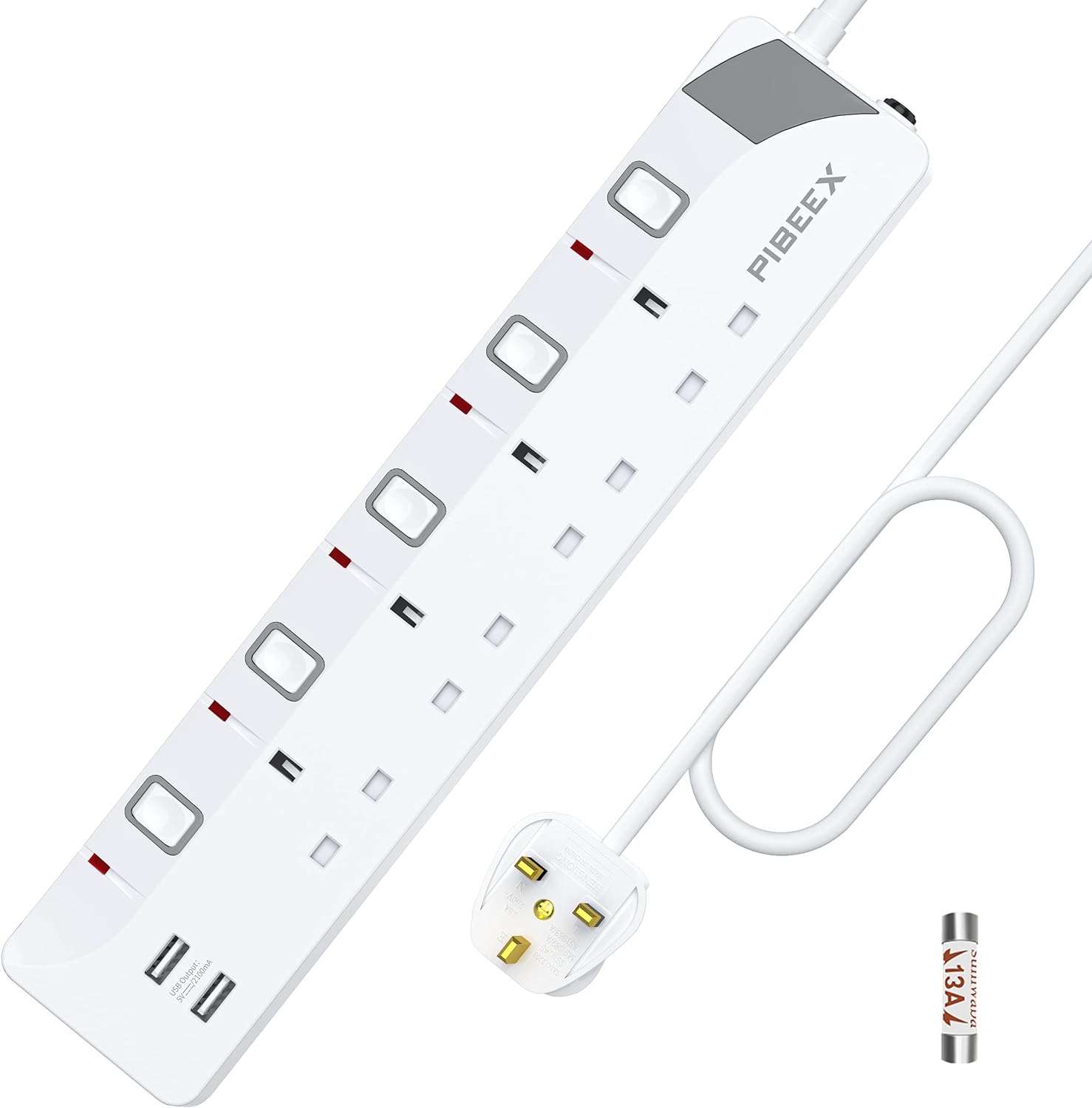 5M Extension Lead with Individual Switches, 13A 4 Way Power Strip 2 USB Lead with USB Slots Multi Plug Socket Extensions 5 Meters Long Extension Cord.