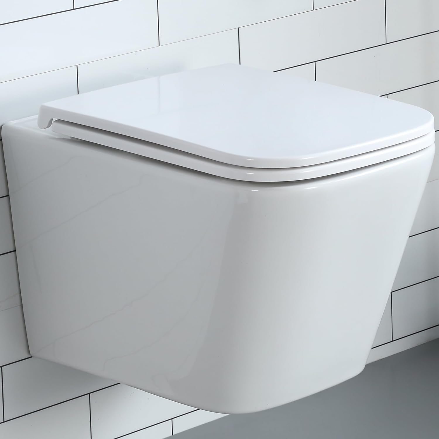 HOROW Rimless Wall Hung Toilet Modern Bathroom Toilet with Seat, Ceramic White Close Coupled WC Soft Closing Seat Short Projection, Quick Release Easy Clean WC, 34 x 50.5 x 36 cm (WxDxH).