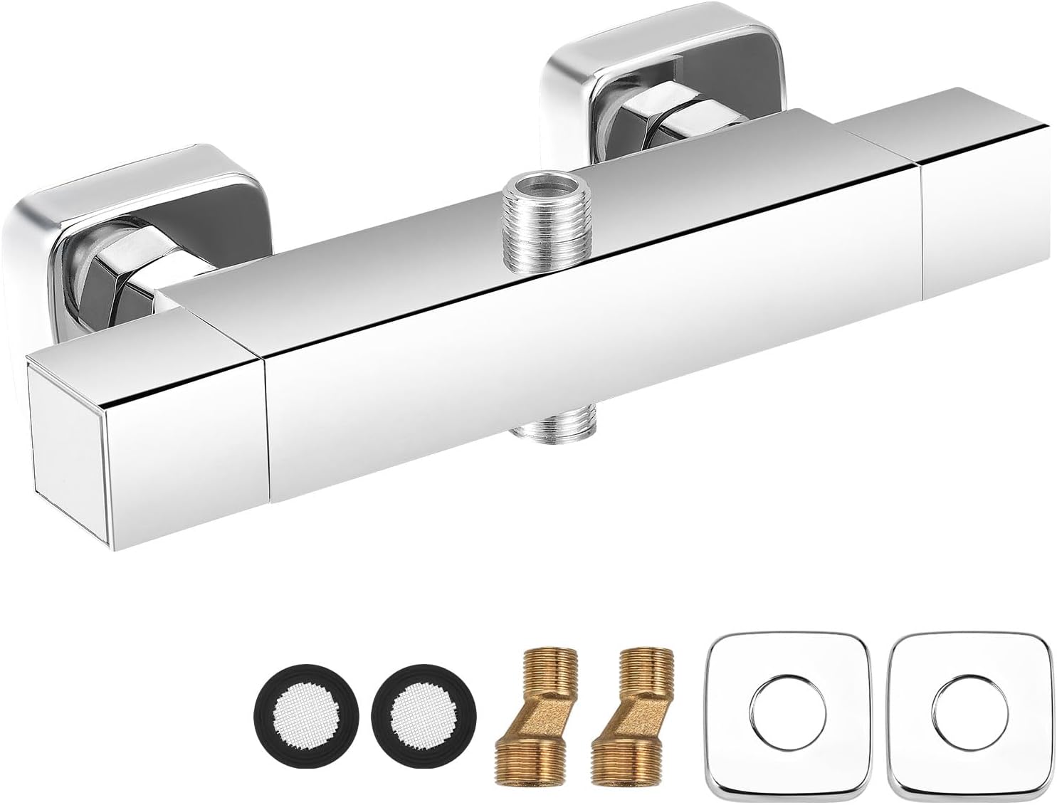 Square Thermostatic Shower Mixer Bar, Thermostatic Dual Shower Valve, Top Outlet 3/4" G and Bottom Outlet 1/2" G, Wall Mounted Brass Temperature Control Valve Two Outlet, with Pipe Adaptor.