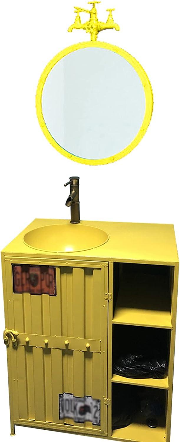 Industrial Style Vanity Unit with Basin, Modern Basin Cupboard with Faucet and Drain Free Standing Bathroom Storage Cabinet Under Sink 25.5 x 18 x 33.4in,Black,With mirror (Yellow Without mirror).