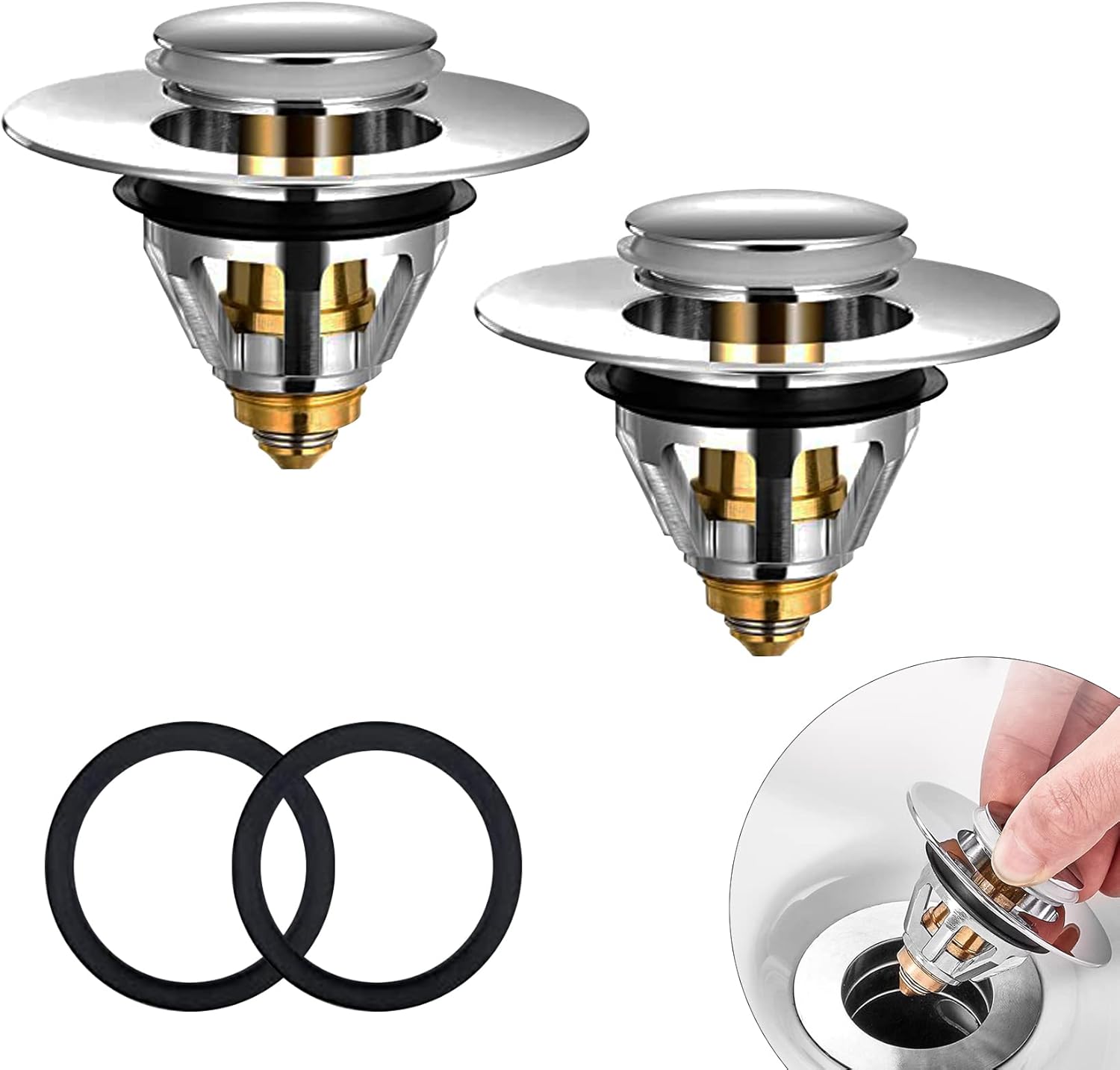 Bathroom Sink Plug Replacement, Brass Universal Pop Up Drain Stopper with Bounce Core, Bath Basin Plug Filter with Basket Hair Catcher, Push Type Sink Strainer No Overflow for Bathroom,34-38mm.