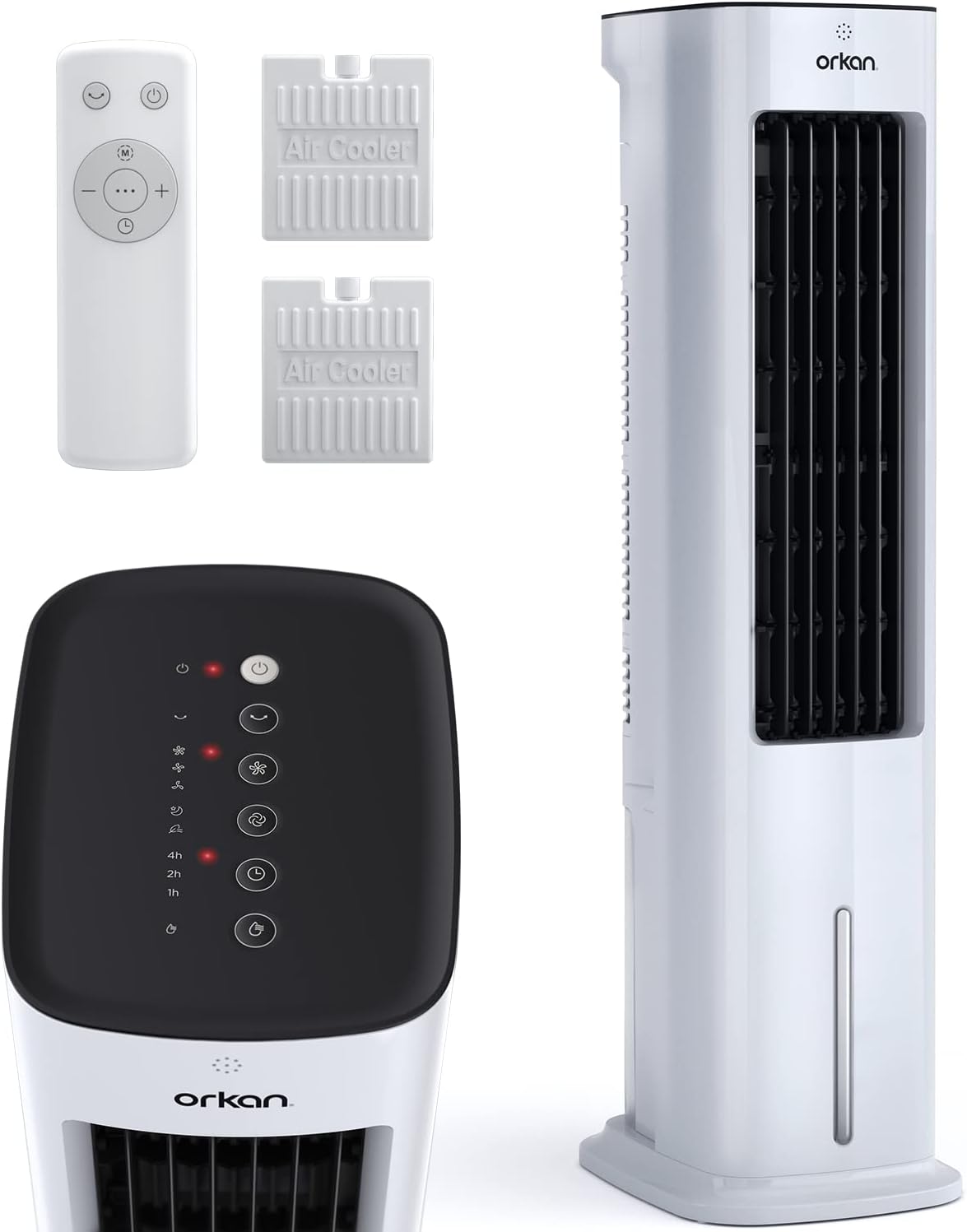 Orkan 5L Evaporative Air Cooler & 33.5" Tower Fan | 3-In-1 Functionality | 4 Operation Modes | 3 Fan Speeds | 7 Hour On/Off Timer | 60° Automatic Oscillation | Includes Remote Control & 2 Ice Packs.