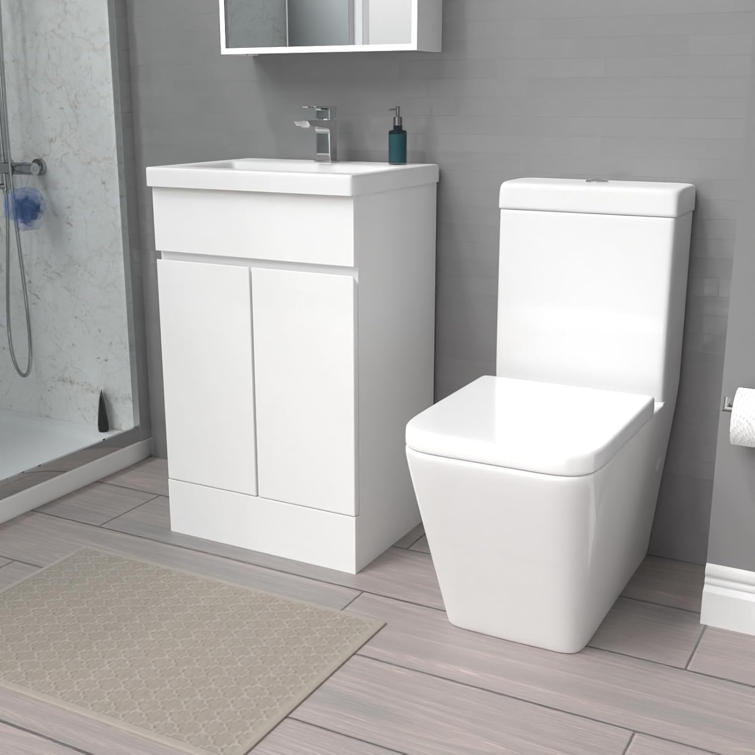 Nes Home 500mm Gloss White Basin Vanity Unit & Rimless Close Coupled Toilet Set.