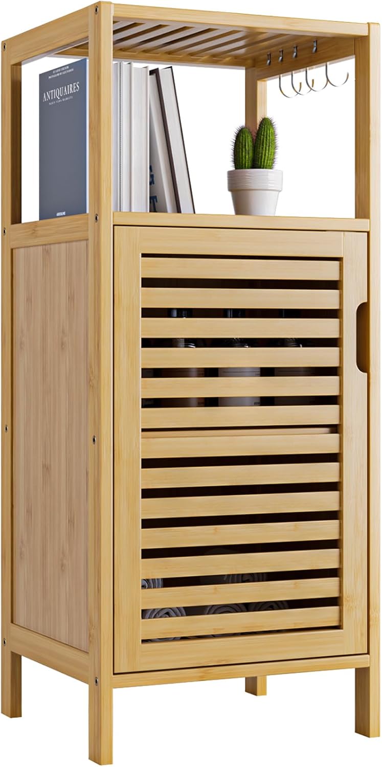 HITNET Bamboo Bathroom Storage Cabinet, Freestanding Floor Cabinet with Single Shutter Door and 4 Removable Hooks, Kitchen Side Table Organizer, Natural.