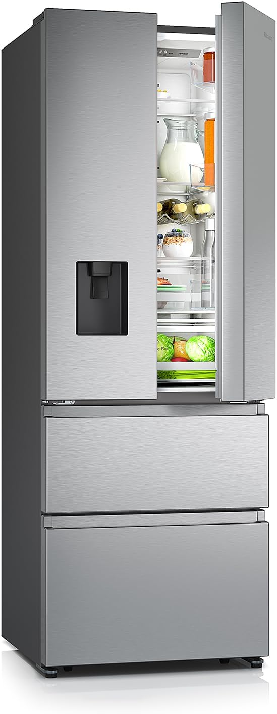 Hisense RF632N4WIE 70cm Freestanding French Door Fridge Freezer Metallic with Water Dispenser & Metal cooling 70 × 200 × 69.4 cm (W×H×D).