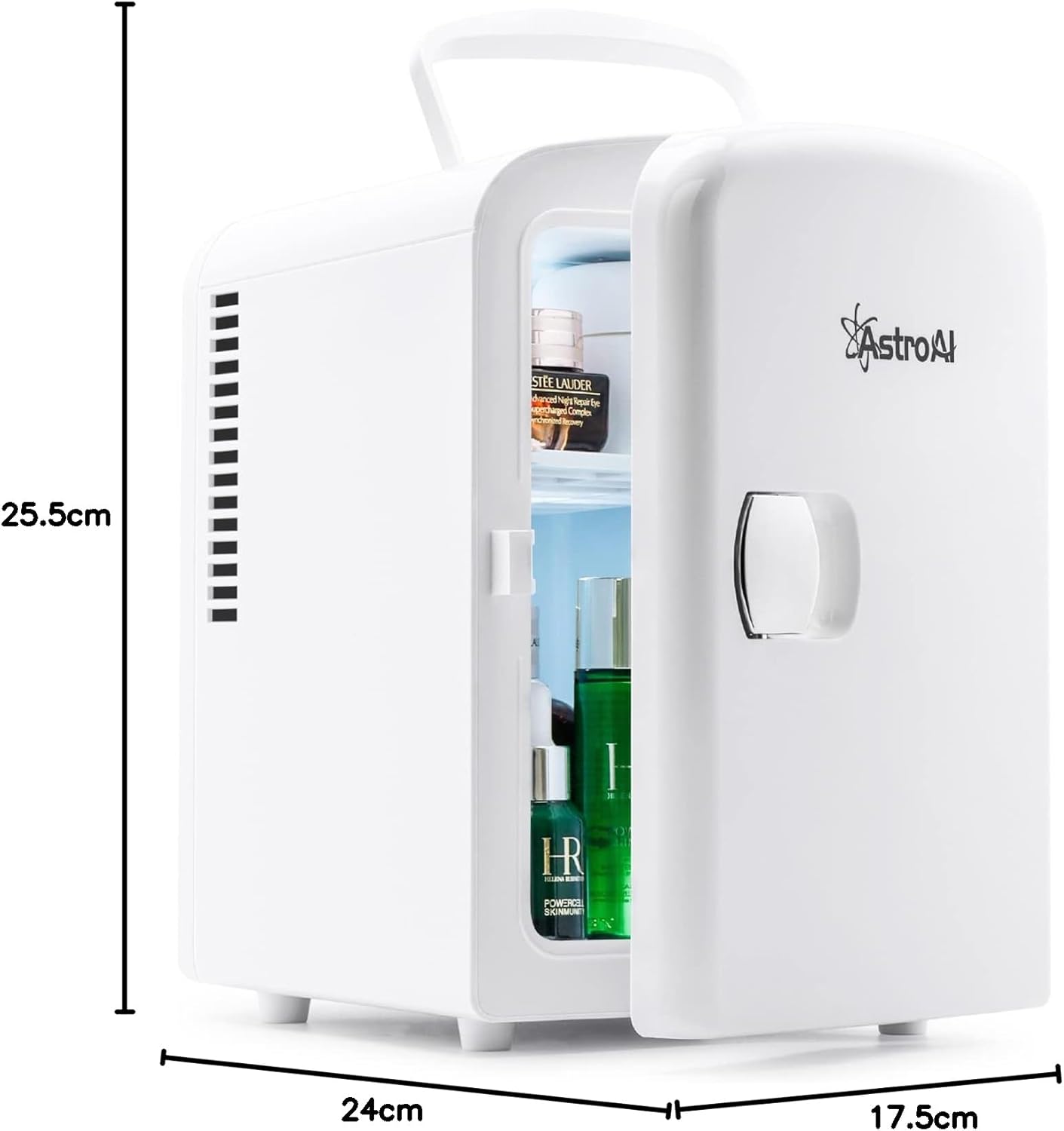 AstroAI Mini Fridge 4 Litre, 6 Can Portable AC+DC Power Cooler, for Bedrooms, Cars, Offices; Skincare, Makeup, Cosmetics, Food (White).