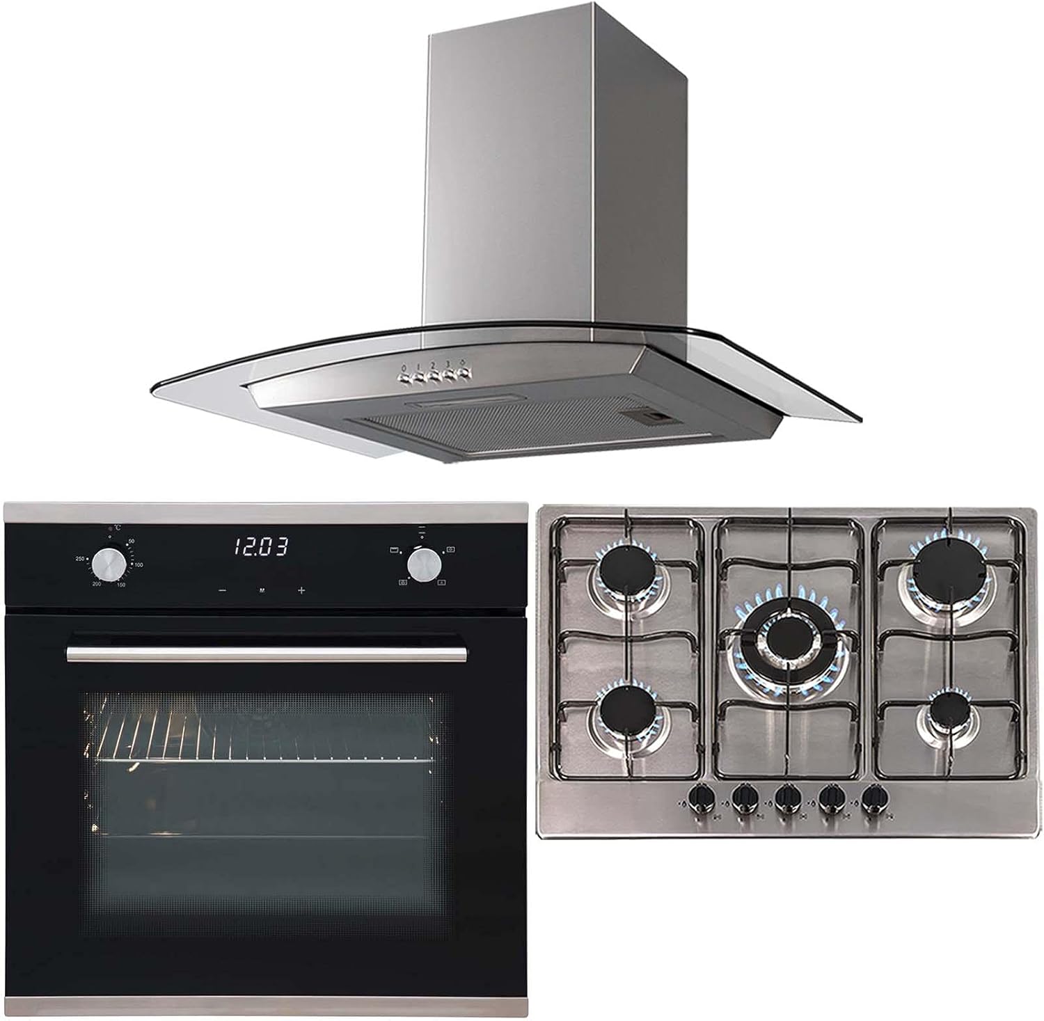 SIA 60cm Black Touch Control Oven, 70cm 5 Burner Gas Hob And Curved Glass Hood.