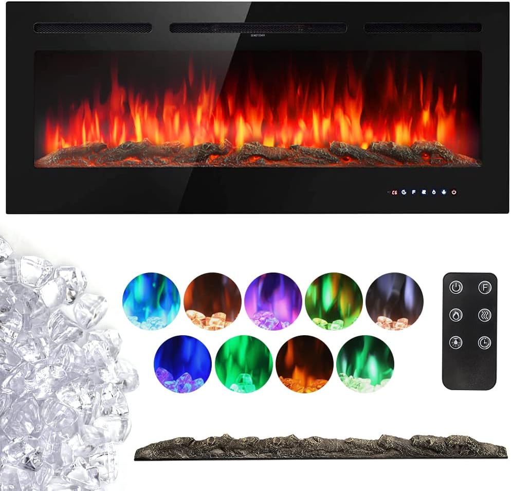 INMOZATA Wall Mounted Electric Fireplace 80inch Insert Recessed Large Media Wall Electric Fire Crystals Log Effect Flame Fire 9 LED Color with Remote Control.