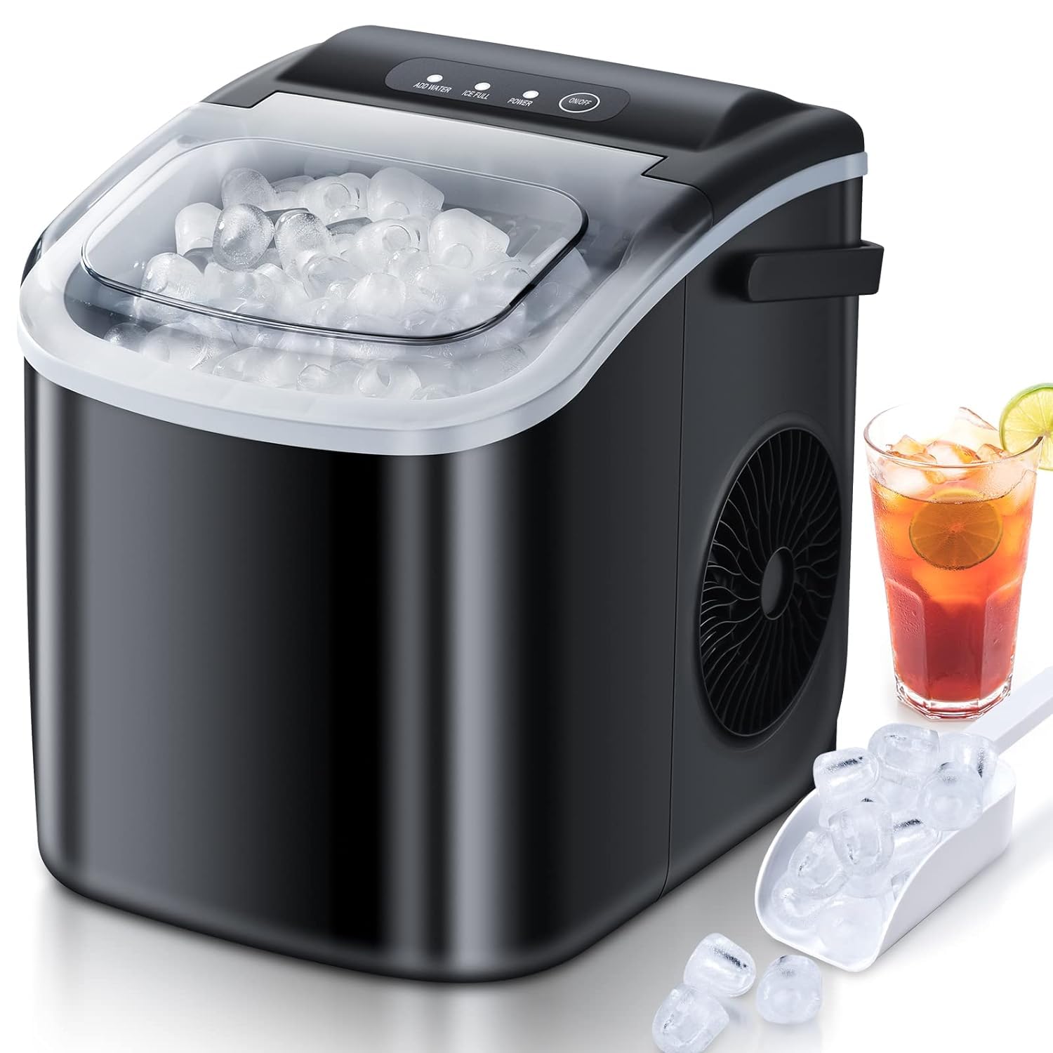 RWFlame Ice Maker with Handle, 12KG in 24Hrs, 9 Bullet Ice Cubes Ready in 6 Mins, Self-Cleaning Ice Cube Maker, Ice Maker Machine for Home, Black.