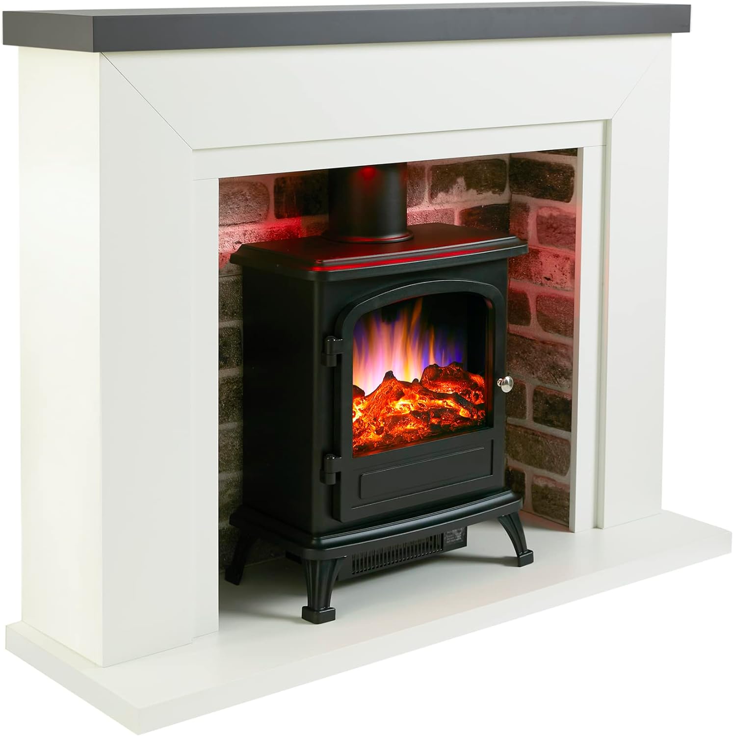 Endeavour Fires Farlington Electric Fireplace, Black Log Burner Stove in 48’’ Off White Surround, LED Downlights with Remote Control (White Top/Rustic Brick).