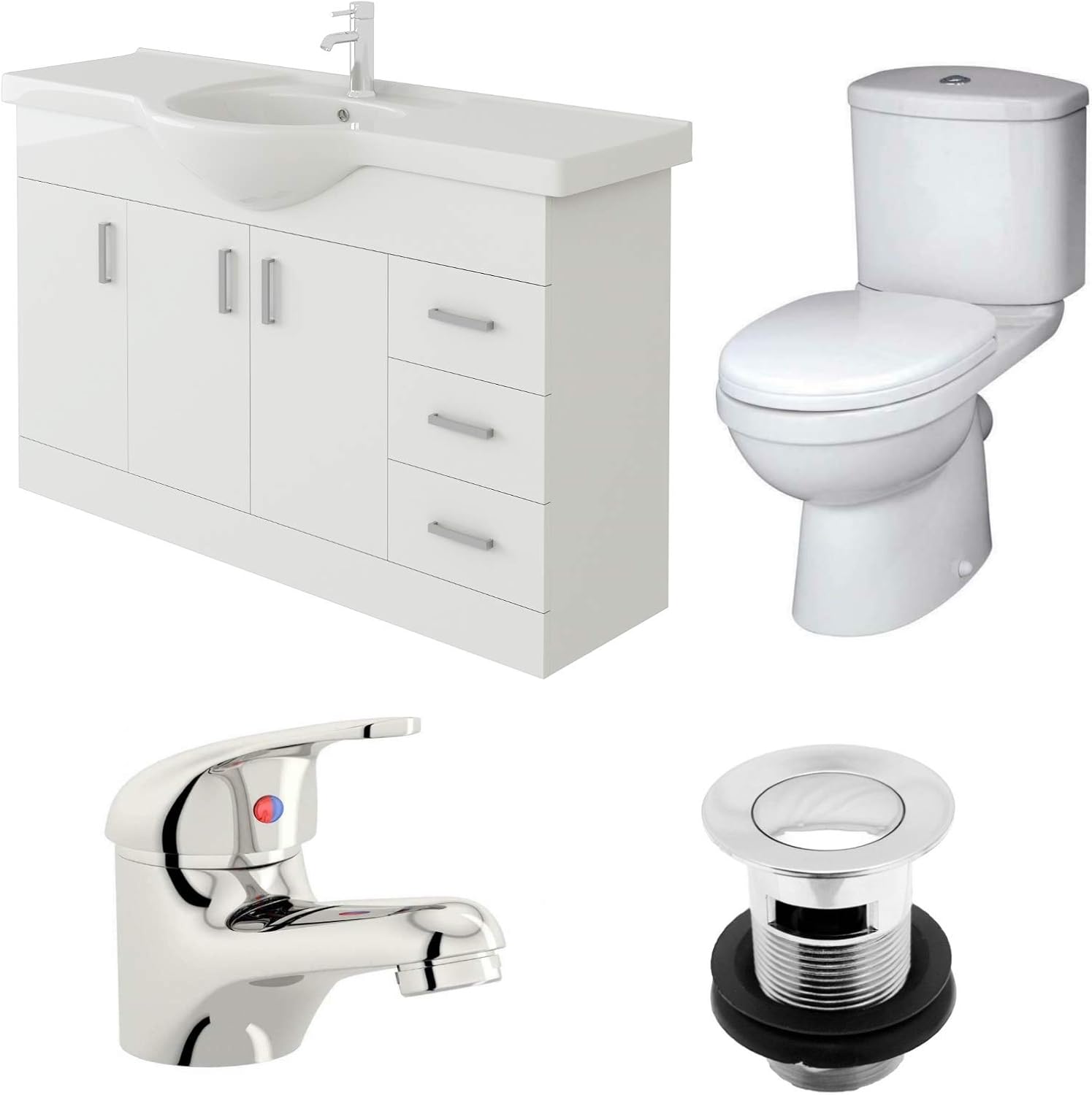 VeeBath Linx Bathroom Suite - 1200mm Vanity Cabinet Sink Unit, Sleek Close Coupled Toilet & Mono Basin Mixer with Waste.