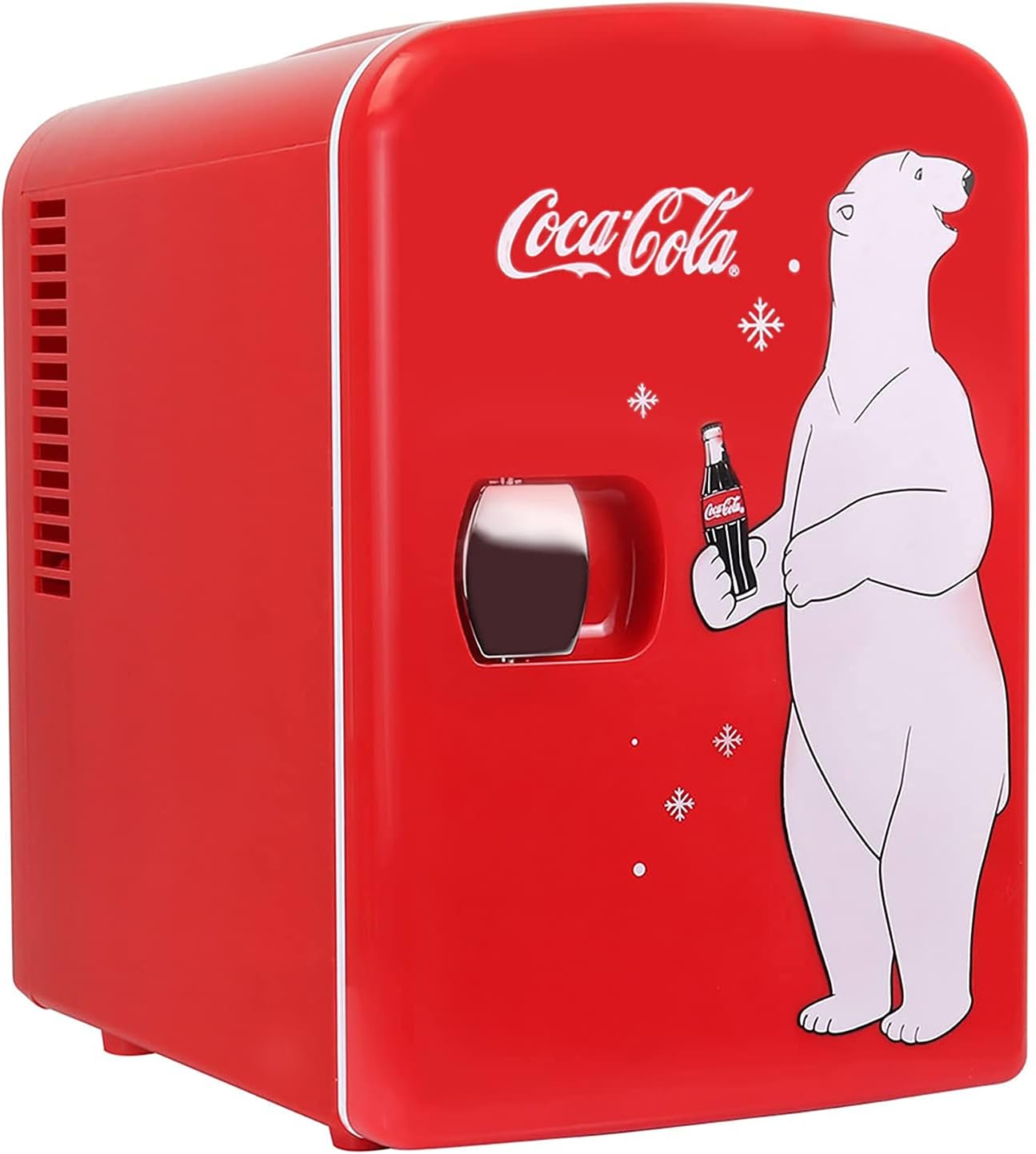 Coca-Cola 4L Mini Fridge 6 Can Portable Cooler/Warmer, Compact Personal Refrigerator for Snacks Drinks Skincare,12V and AC Cords,Accessory for Kids Bedroom Home Office Travel Car,Coke,Polar Bear,Red.