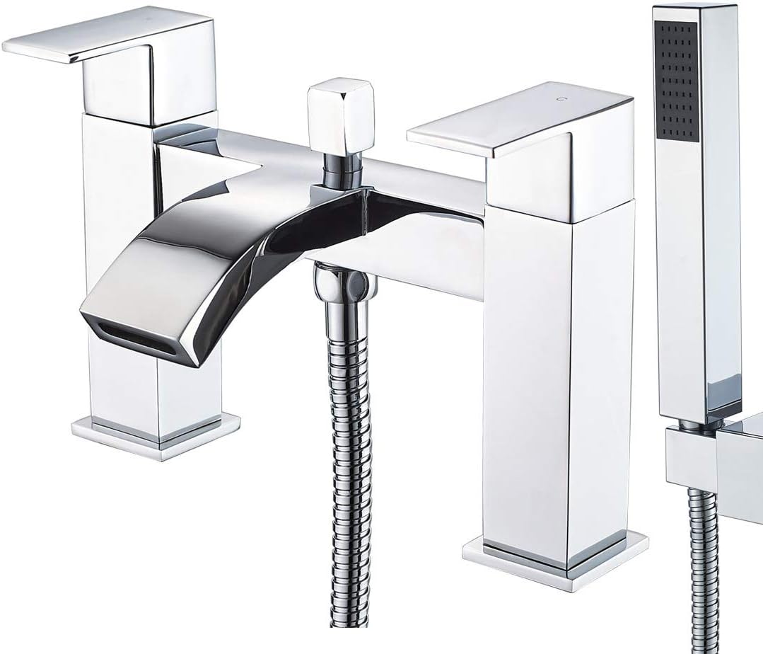 Luckyhome Bath Taps with Shower,Waterfall Bathroom Bathtub Mixer tap Chrome Brass Dual Lever Tap with Handheld Shower Head.