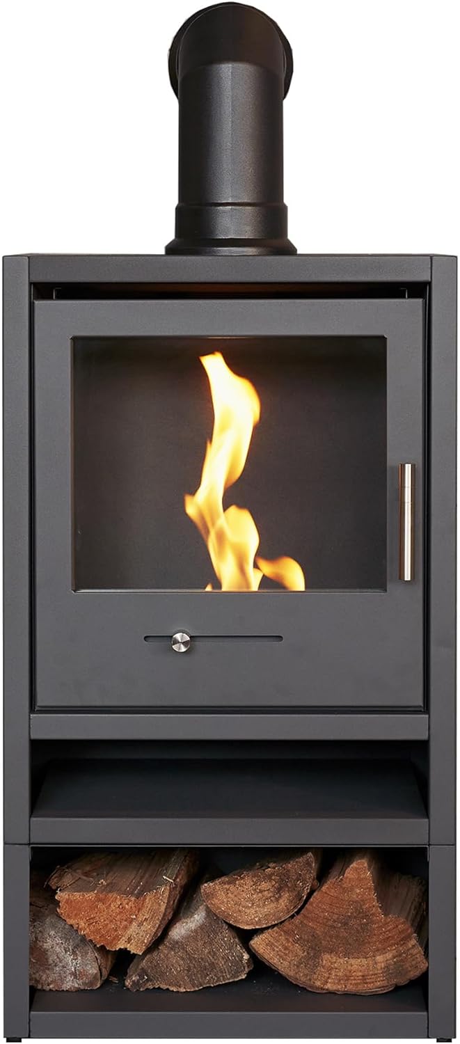 OKO S1 Bio Ethanol Stove with Log Storage in Charcoal Grey & Angled Stove Pipe.