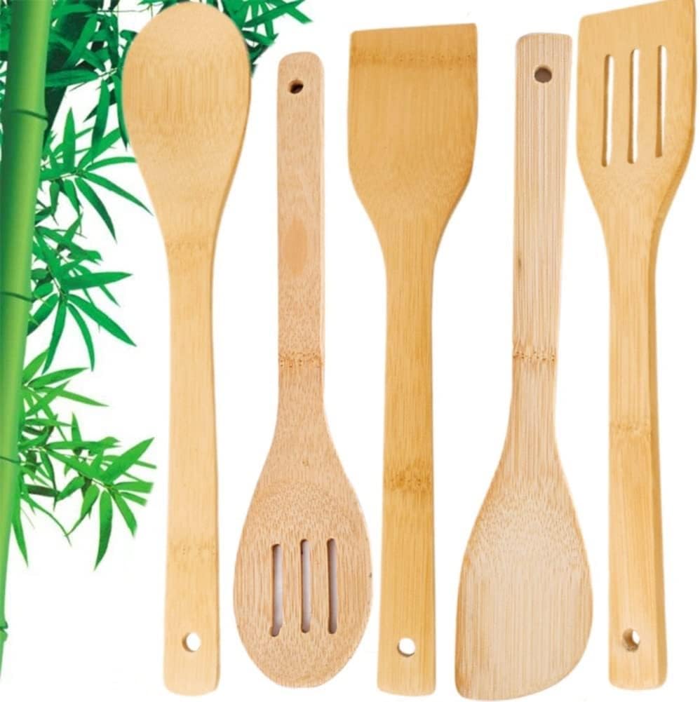 5 Pieces Wooden Kitchen Utensils Set Wood Cooking Utensils Tool Spatula Spoon Turner Slotted Turner for Non-Stick and Frying Pans Kitchen Gift Cooking Essentials Dishwasher Safe Long Handle 30CM.