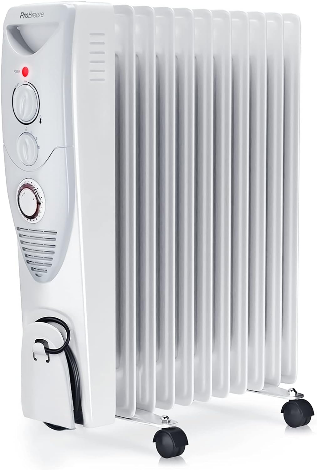 Pro Breeze® 2500W Oil Filled Radiator, 11 Fin - Portable Electric Heater - Built-in Timer, 3 Heat Settings, Adjustable Thermostat, Safety Cut-Off & 24 Hour Timer - White.