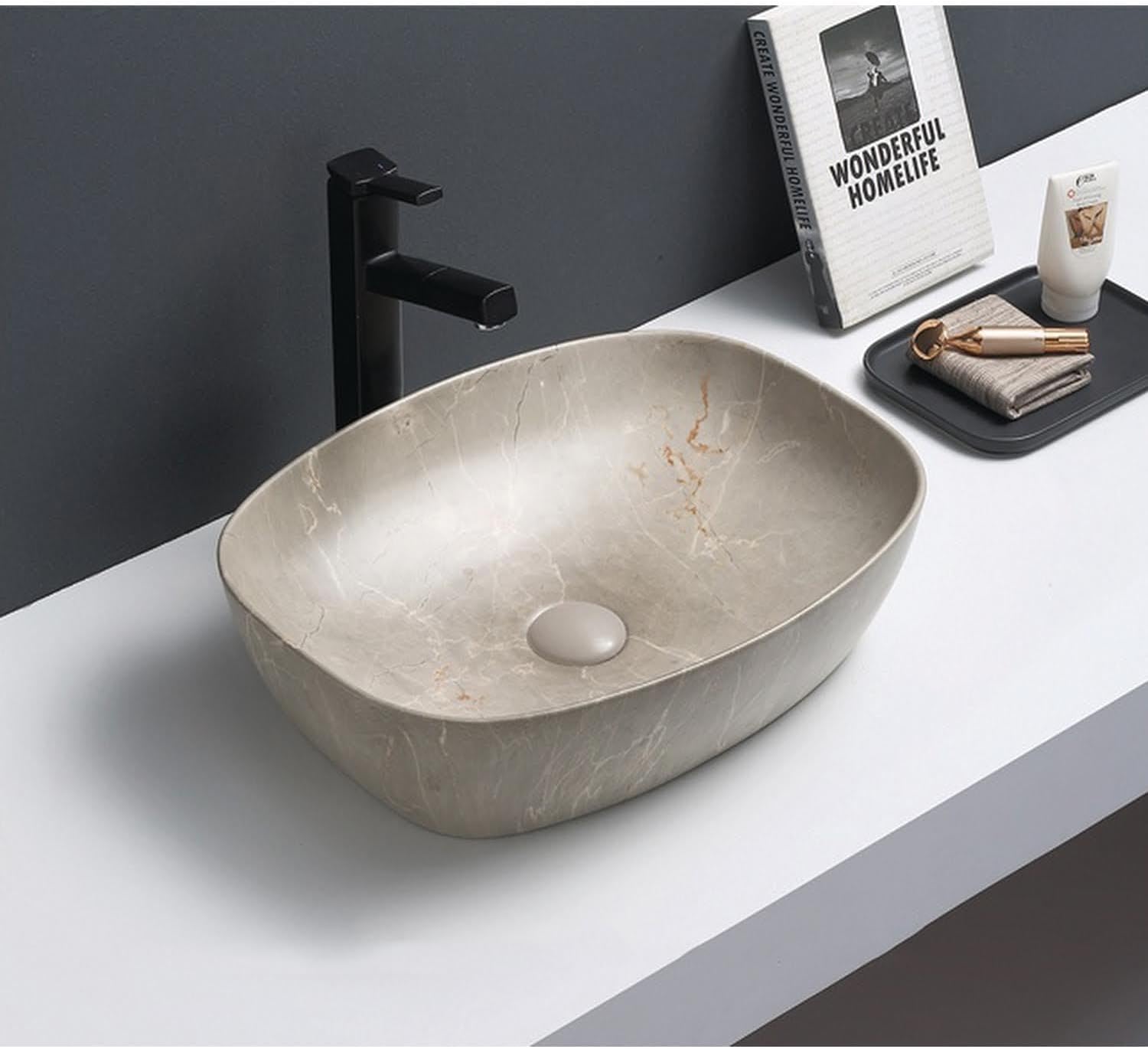 BAYSTONE® Countertop Basin for Bathroom and Cloakroom Hand Wash Basins Sink Grey Marble Rectangular, 505 x 385mm.