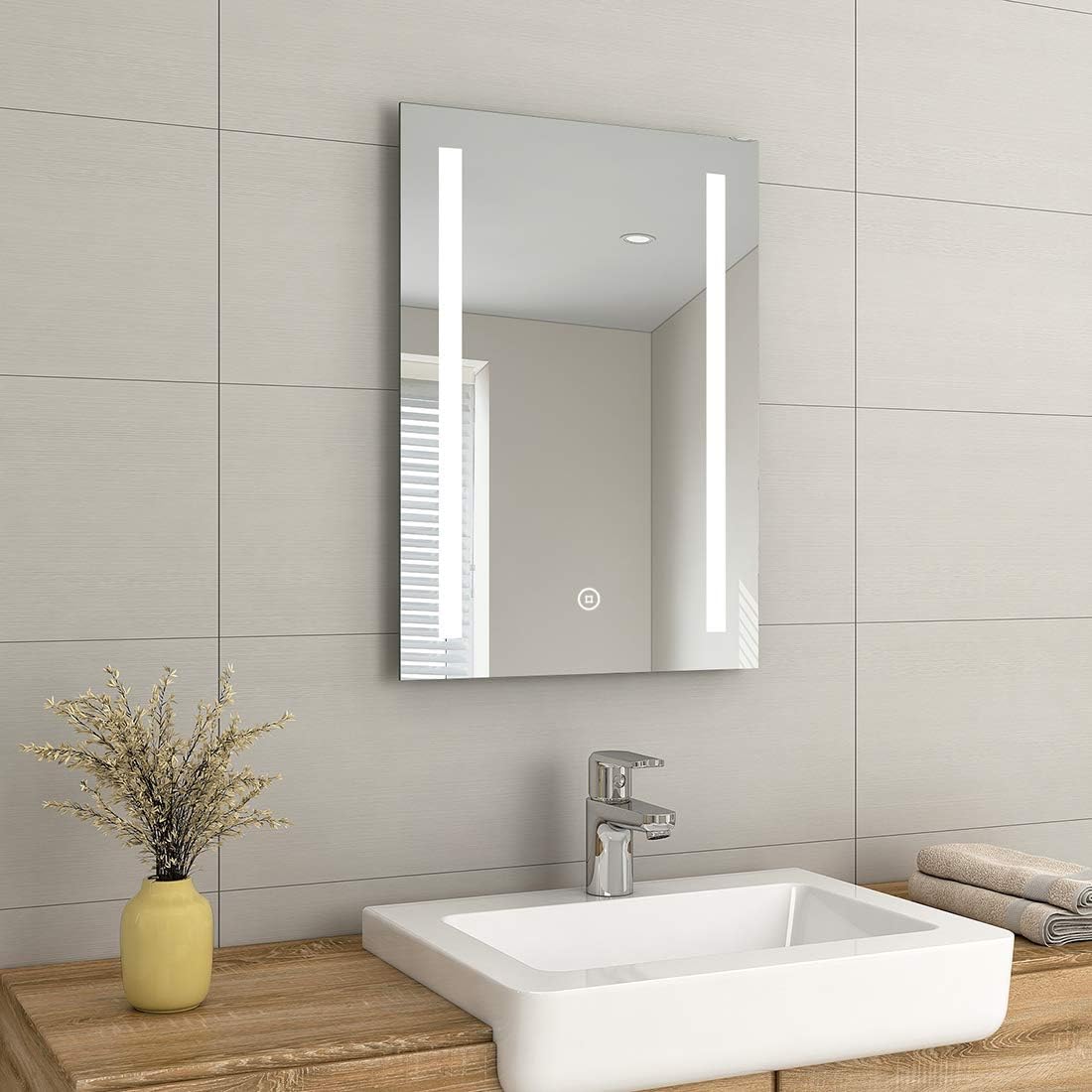 EMKE 500 x 700mm Illuminated LED Bathroom Mirror with Safety Shaver Socket, Bathroom Led Mirror with Touch Switch, Demister and Brightness Adjustment, Smart Wall Mounted Mirror for Bathroom.